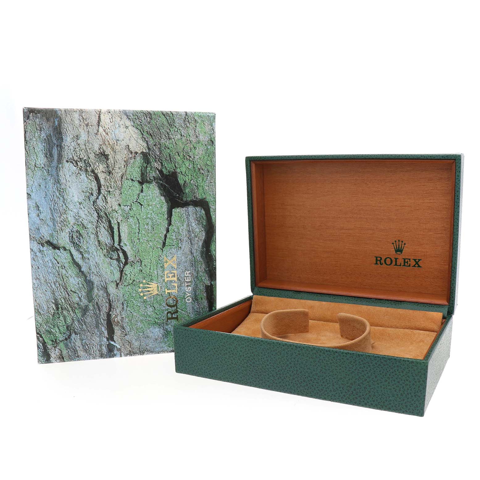 The image shows a Rolex Datejust 68243 Women's Steel and Gold (two tone) White Dial watch box and outer packaging from a side angle.