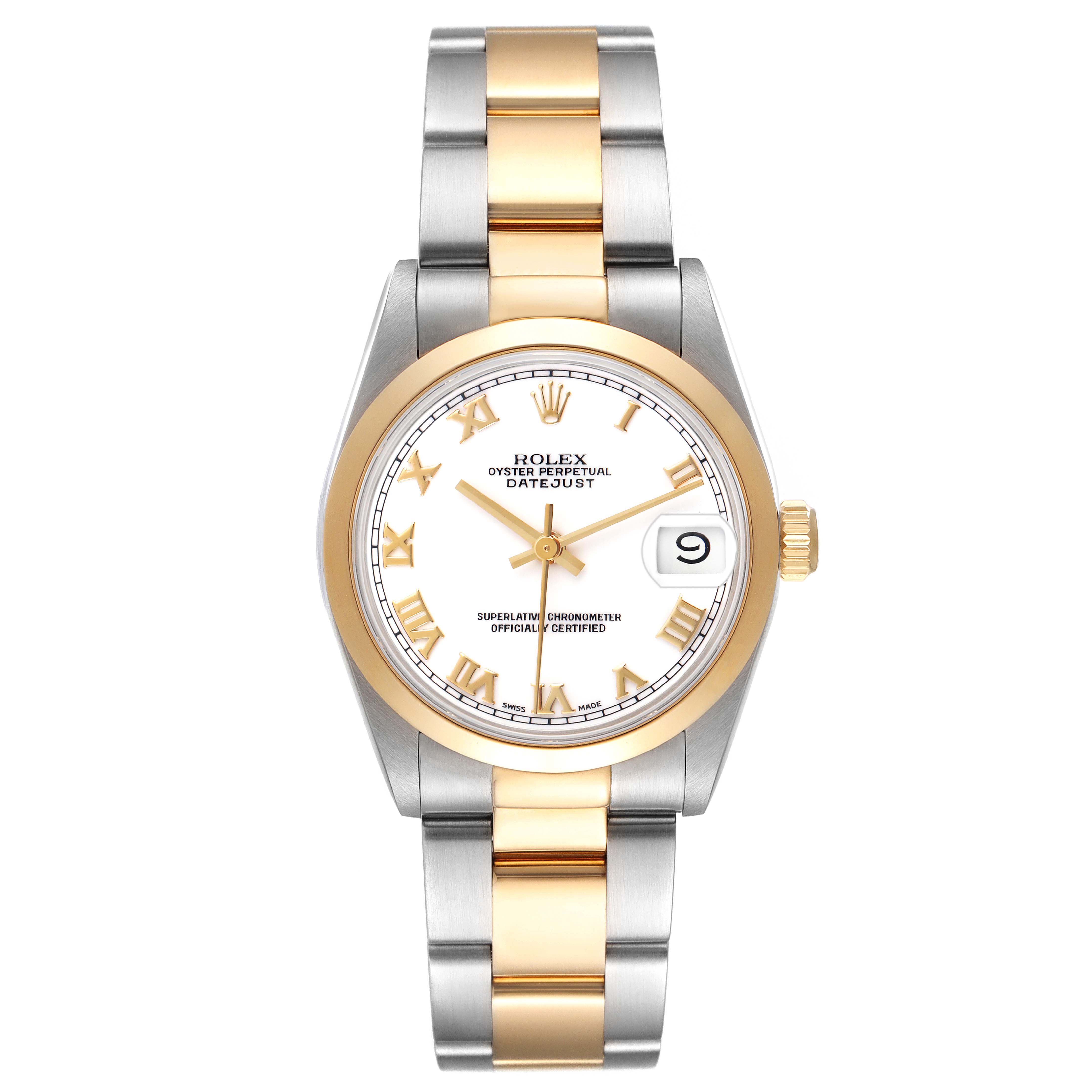 The Rolex Datejust 68243 Women's Steel and Gold (two tone) White Dial watch is shown from a front angle, displaying the dial, bezel, and two-tone bracelet.