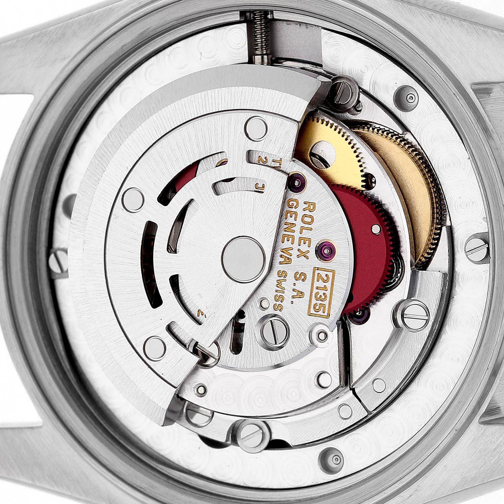 The image shows the inner movement mechanism of a Rolex Datejust 68243 Women's Steel and Gold (two tone) White Dial, highlighting gears and components from a back view.