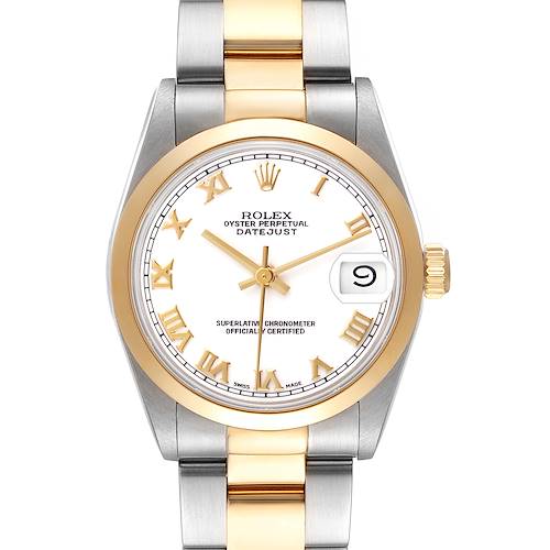 The Rolex Datejust 68243 Womens Steel and Gold (two tone) White Dial watch is shown from a frontal angle, displaying the face, bezel, bracelet, and crown.