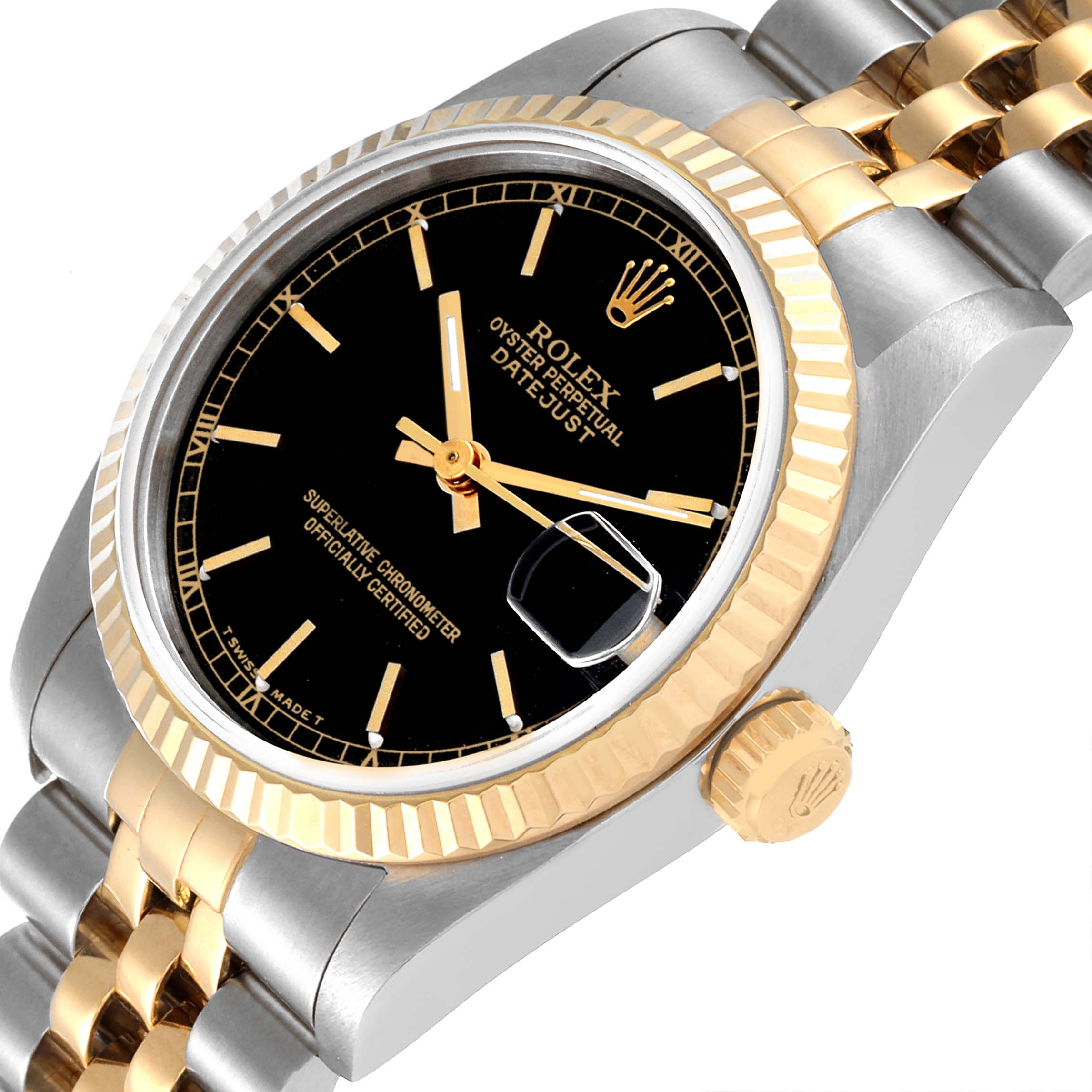 The image shows a Rolex Datejust 68273 Women's Steel and Gold (two tone) Black Dial 68273 Women's Steel and Gold (two tone) Black Dial watch at an angled close-up, highlighting its black dial, iconic fluted bezel, and two-tone Jubilee bracelet.