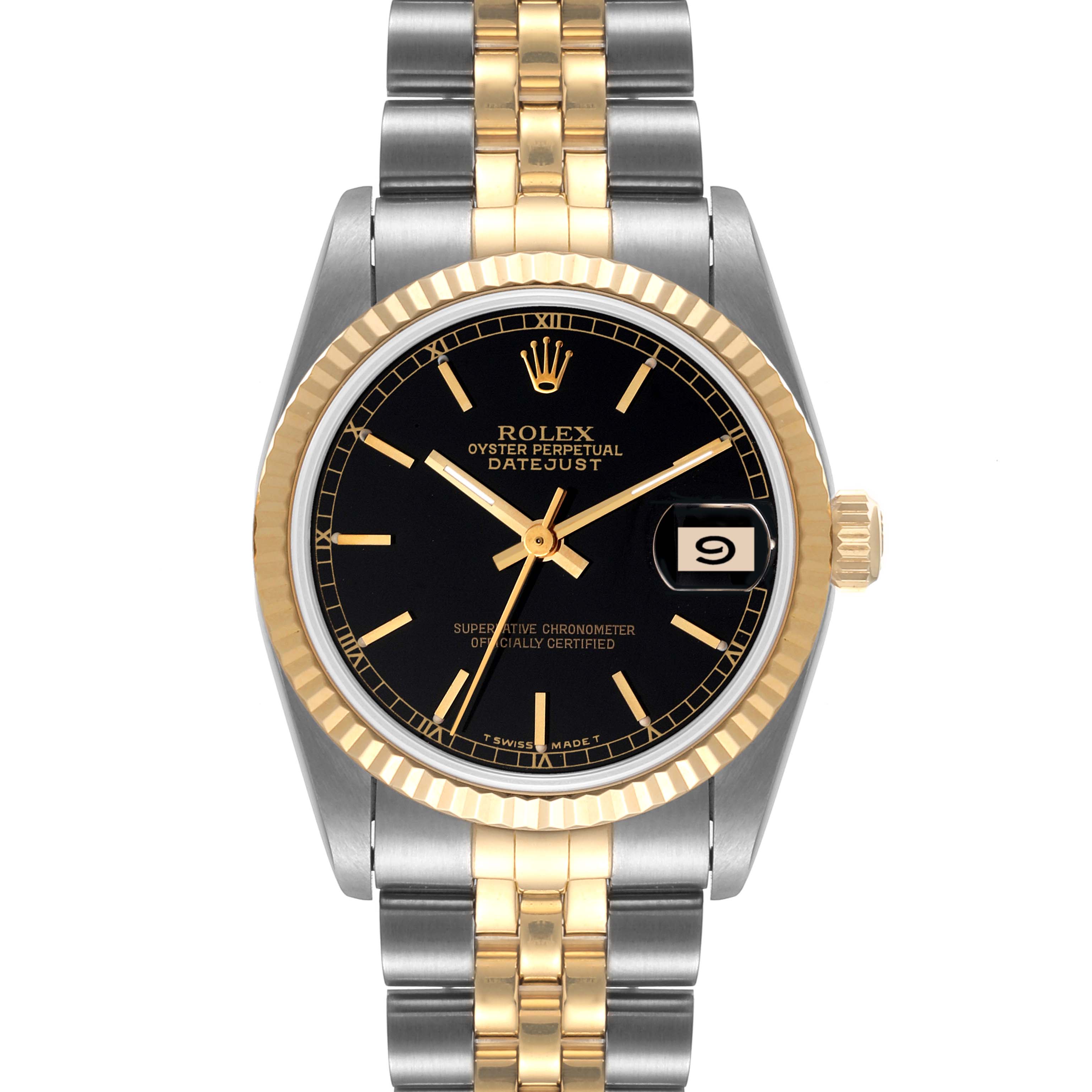The image shows a frontal view of a Rolex Datejust 68273 Women's Steel and Gold (two tone) Black Dial 68273 Women's Steel and Gold (two tone) Black Dial watch, displaying its dial, bezel, crown, and bracelet.