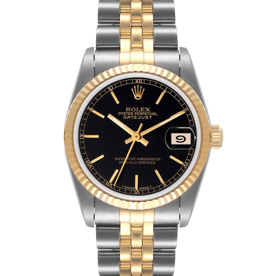 Rolex Datejust Midsize 31mm Steel Yellow Gold Black Dial Ladies Watch 68273 SwissWatchExpo