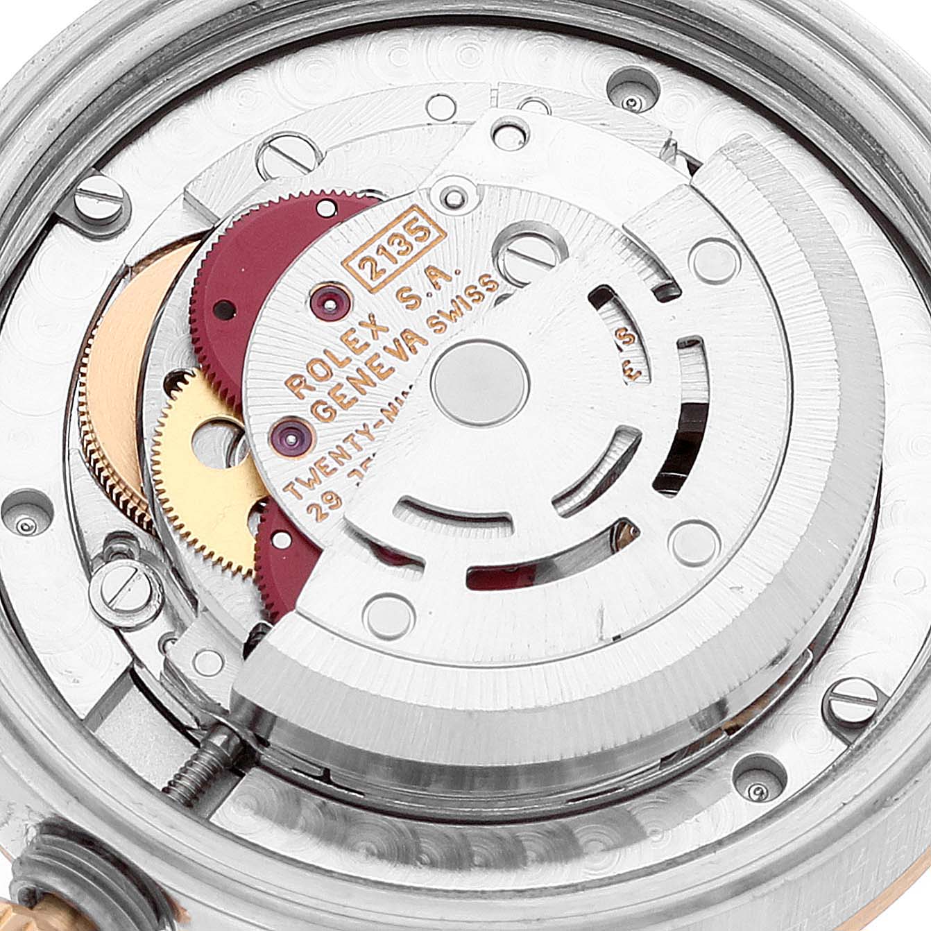 The image shows the internal mechanical movement of a Rolex Datejust 68273 Women's Steel and Gold (two tone) Black Dial 68273 Women's Steel and Gold (two tone) Black Dial watch from a top-down angle.