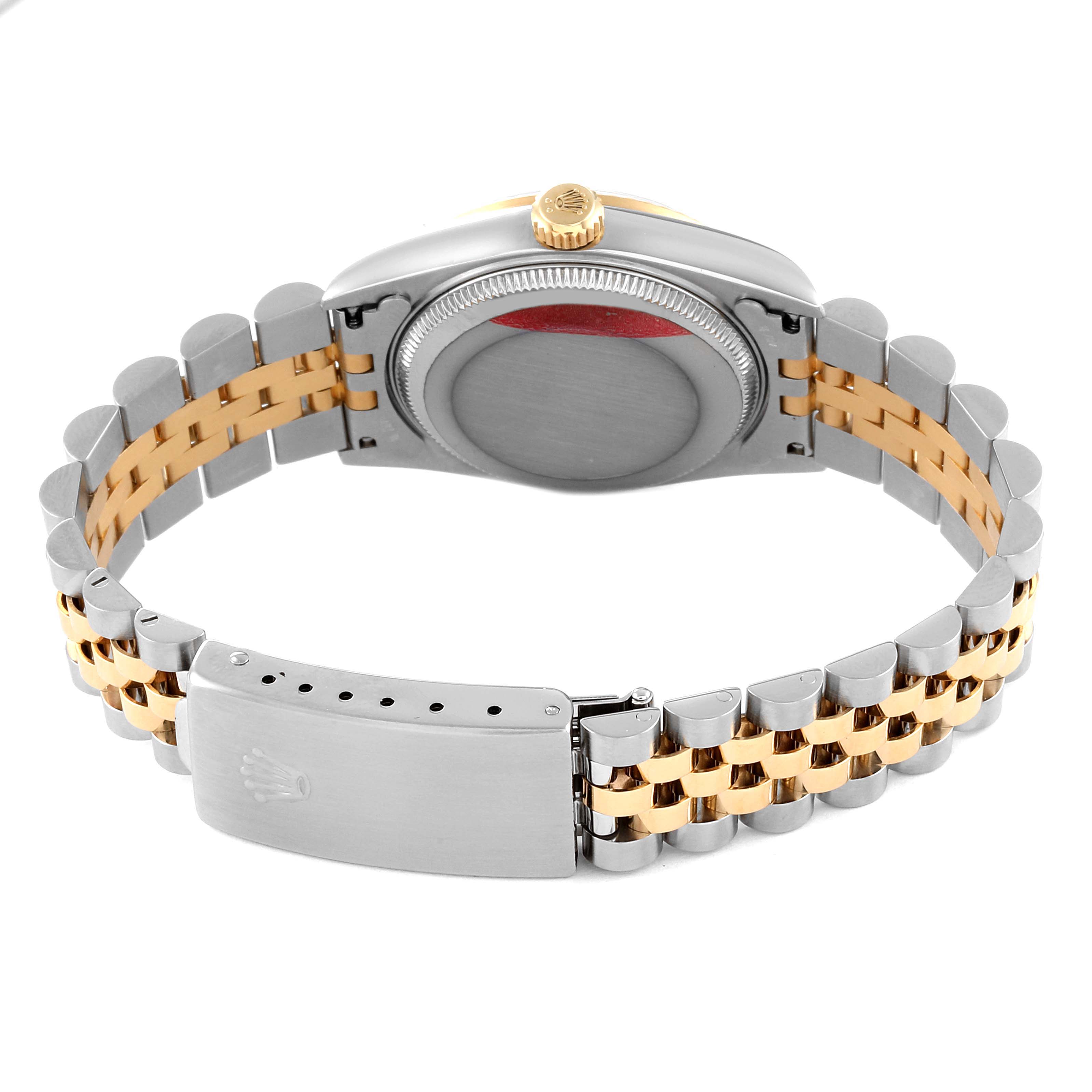 This image shows the back view of a Rolex Datejust 68273 Women's Steel and Gold (two tone) Black Dial 68273 Women's Steel and Gold (two tone) Black Dial watch, highlighting the two-tone bracelet and clasp.