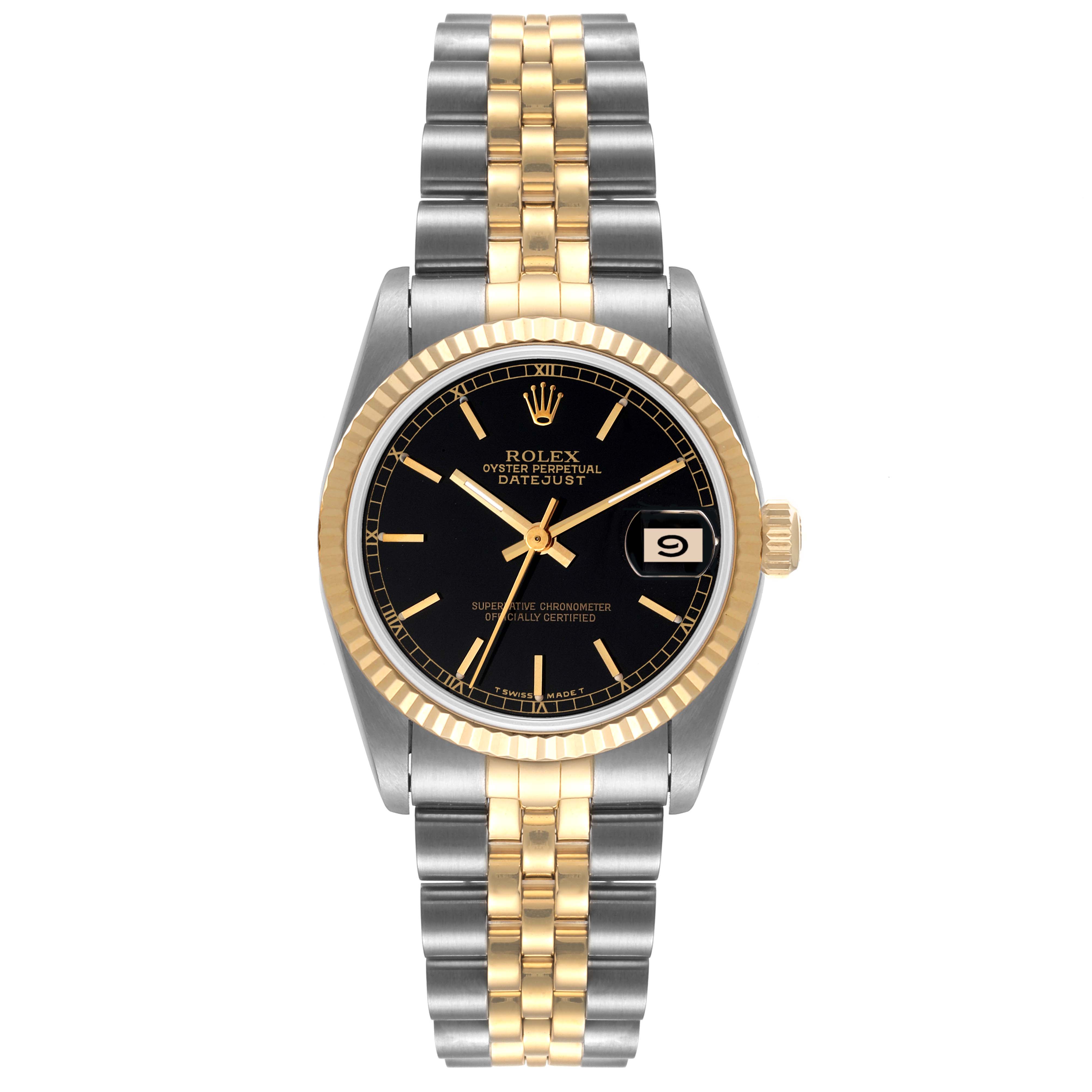 The image shows a Rolex Datejust 68273 Women's Steel and Gold (two tone) Black Dial 68273 Women's Steel and Gold (two tone) Black Dial watch with a gold and silver bracelet, black dial, and date window.