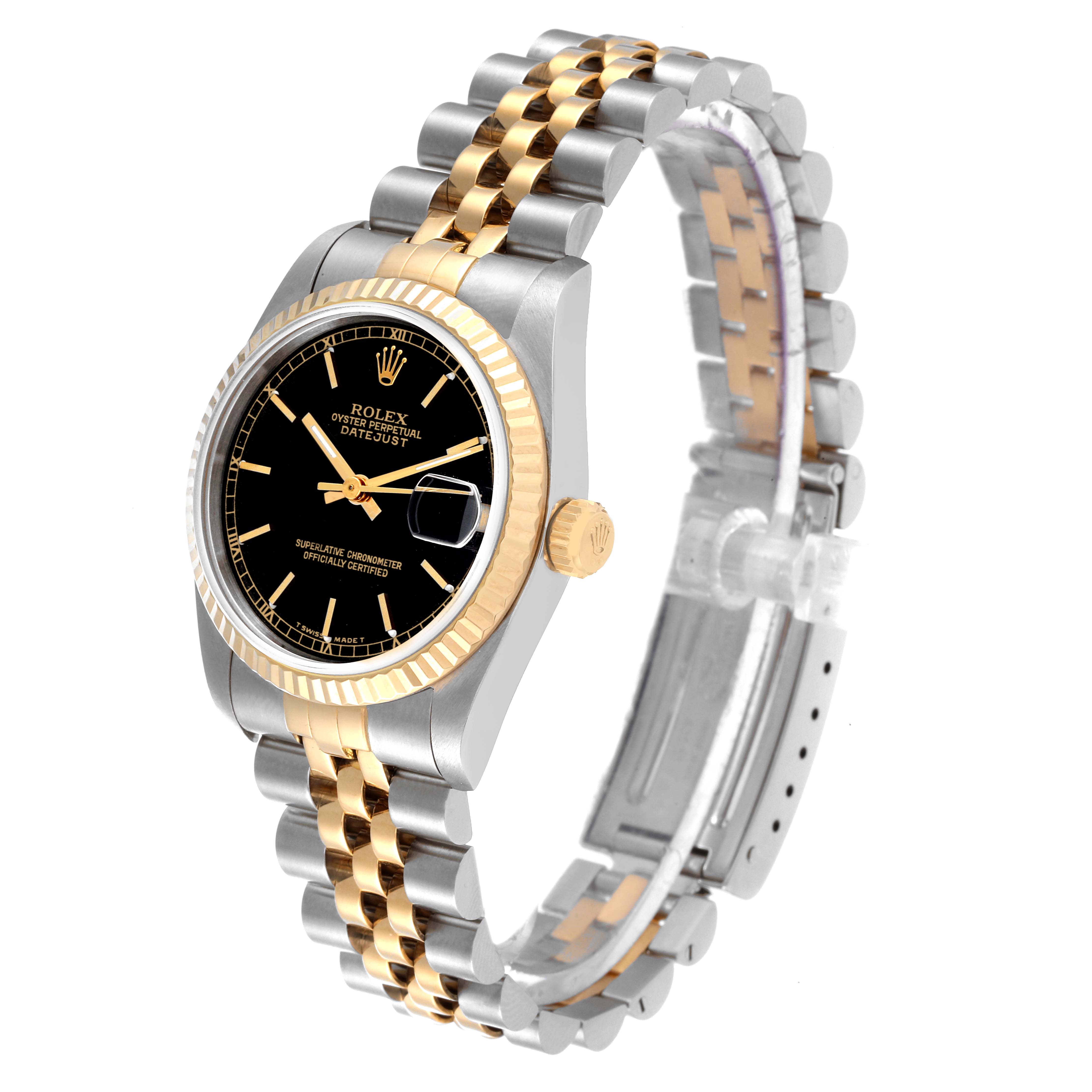 The image shows a Rolex Datejust 68273 Women's Steel and Gold (two tone) Black Dial 68273 Women's Steel and Gold (two tone) Black Dial watch angled from the front-right, displaying the face, crown, and two-tone jubilee bracelet.