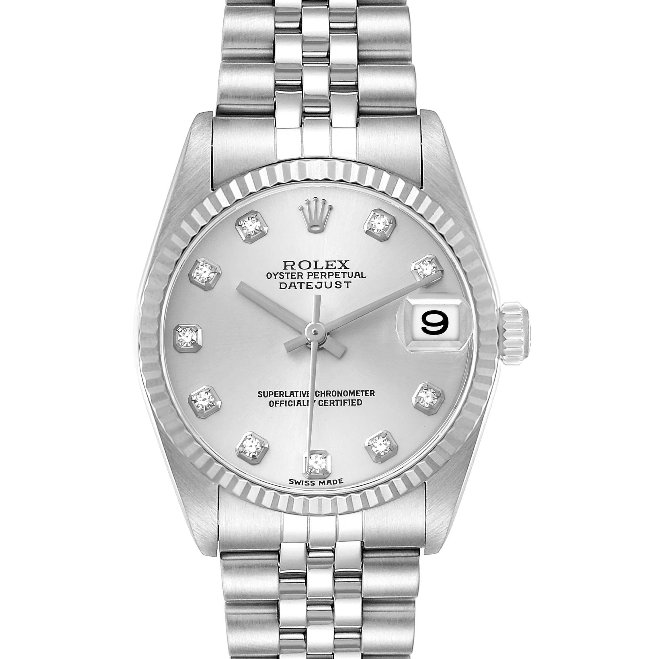 The Rolex Datejust 78274 Women's Stainless Steel Silver Dial watch is shown from the front, highlighting the dial, hands, date, and bracelet.