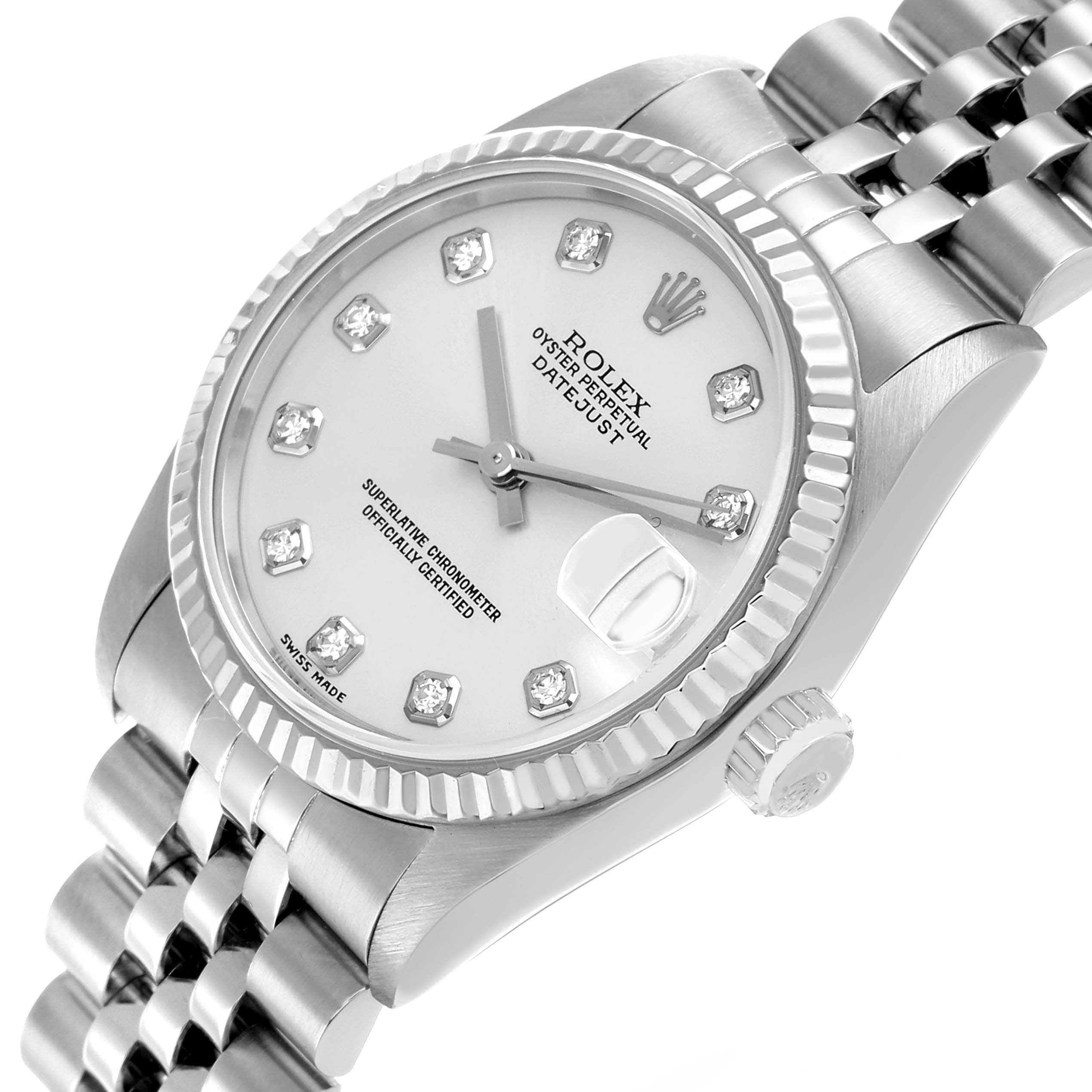 The Rolex Datejust 78274 Women's Stainless Steel Silver Dial watch is shown at an angled close-up, highlighting the dial, bezel, crown, and part of the Jubilee bracelet.