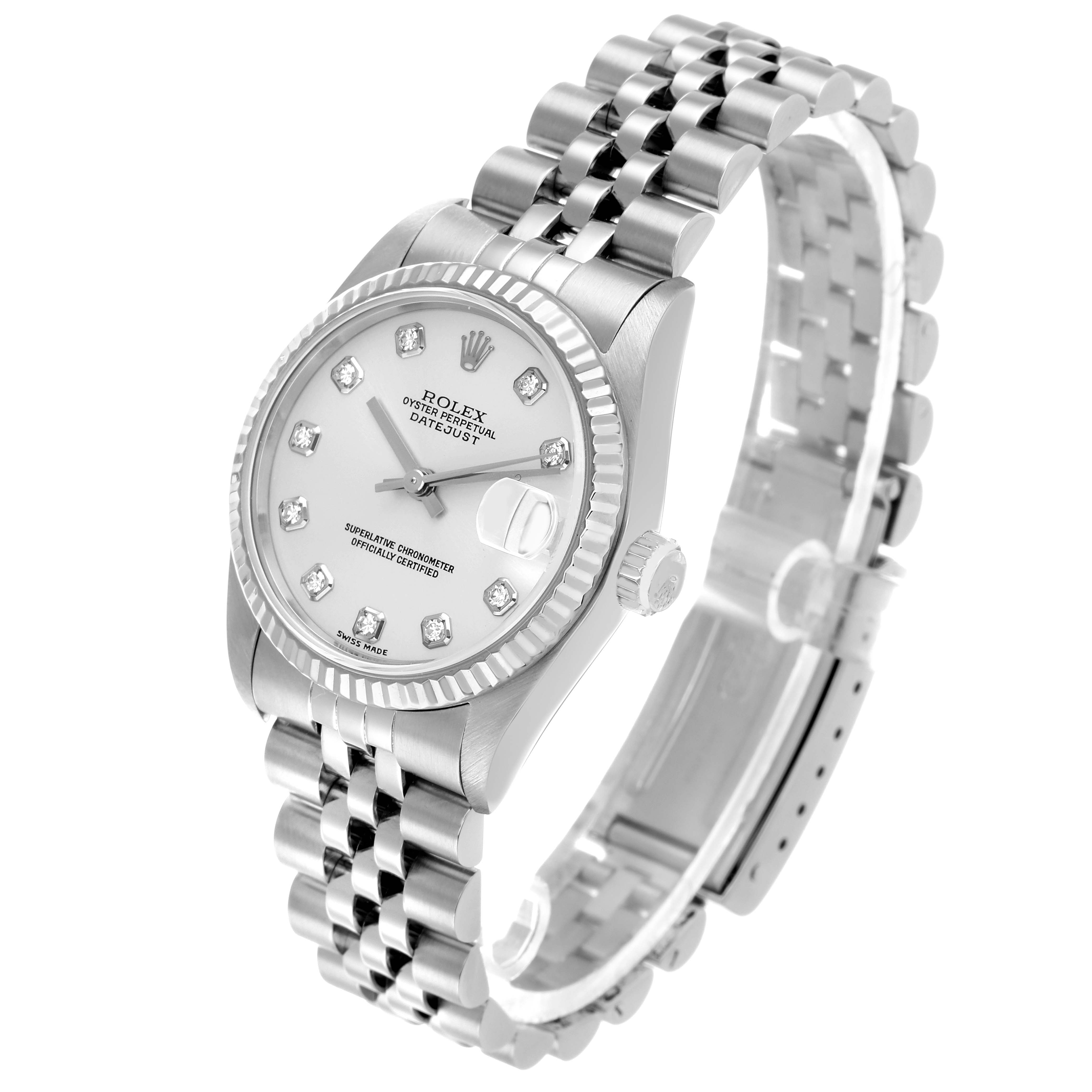 The Rolex Datejust 78274 Women's Stainless Steel Silver Dial watch is shown at a slight angle, displaying the face, bezel, and bracelet clearly.