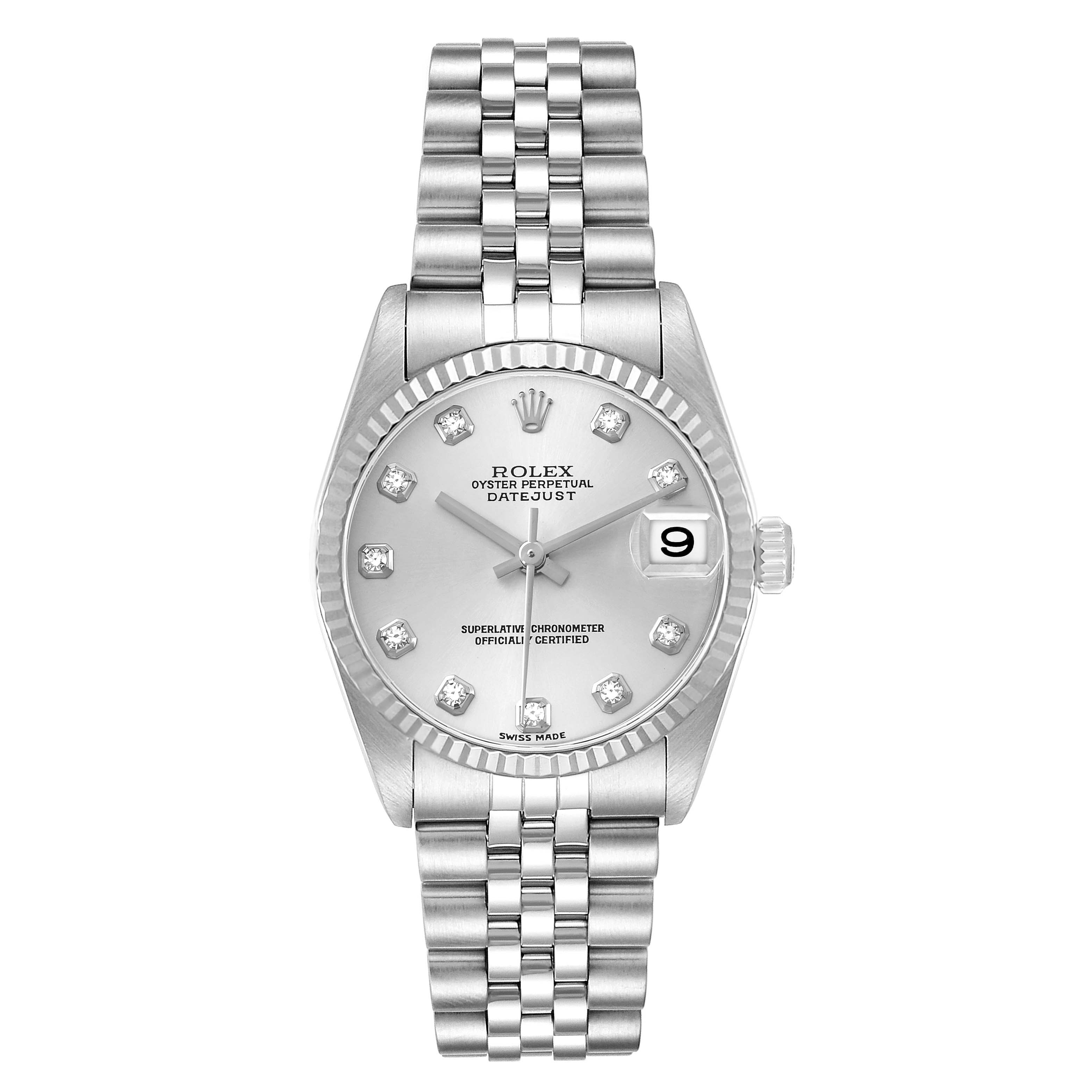 The Rolex Datejust 78274 Women's Stainless Steel Silver Dial watch is shown from the front, displaying the dial, bezel, crown, and bracelet.