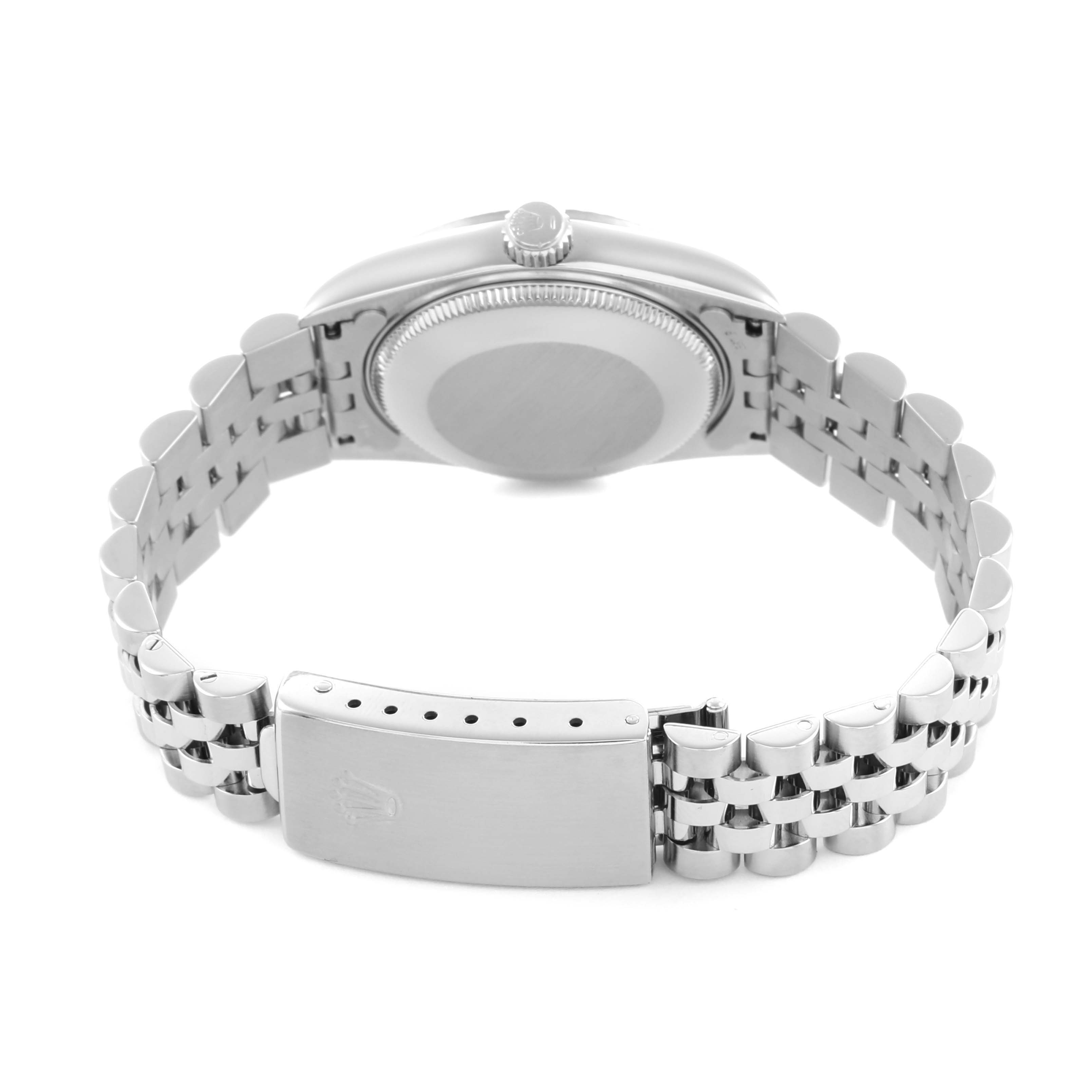 The image shows the back view of a Rolex Datejust 78274 Women's Stainless Steel Silver Dial with the case back, crown, and Jubilee bracelet visible.