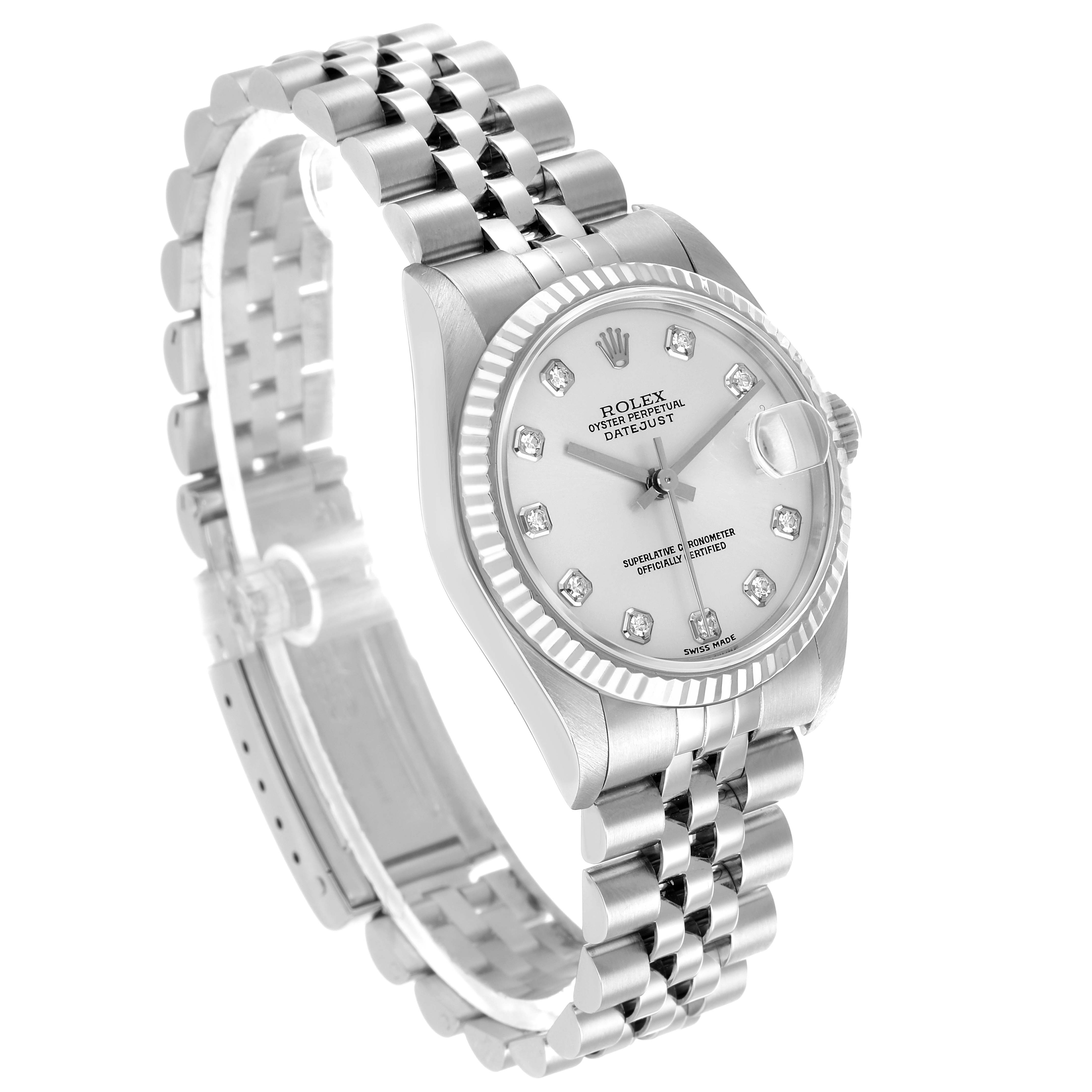 The Rolex Datejust 78274 Women's Stainless Steel Silver Dial watch is shown at a three-quarter angle, highlighting the dial, bezel, and jubilee bracelet.