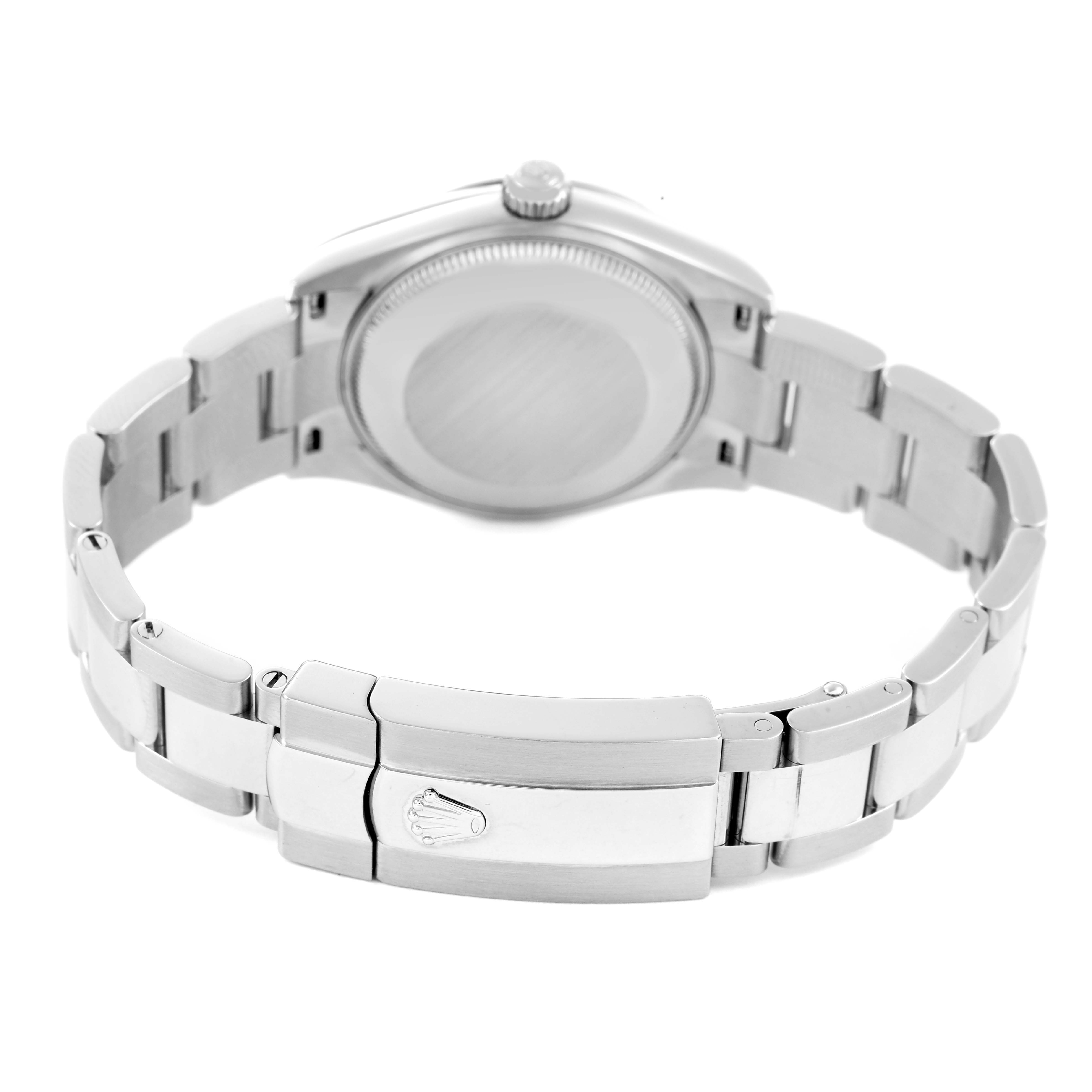 The image shows the back and bracelet clasp of a Rolex Mid-Size 278240 Women's Stainless Steel Pink Dial watch at an angle focused on the case back and band.