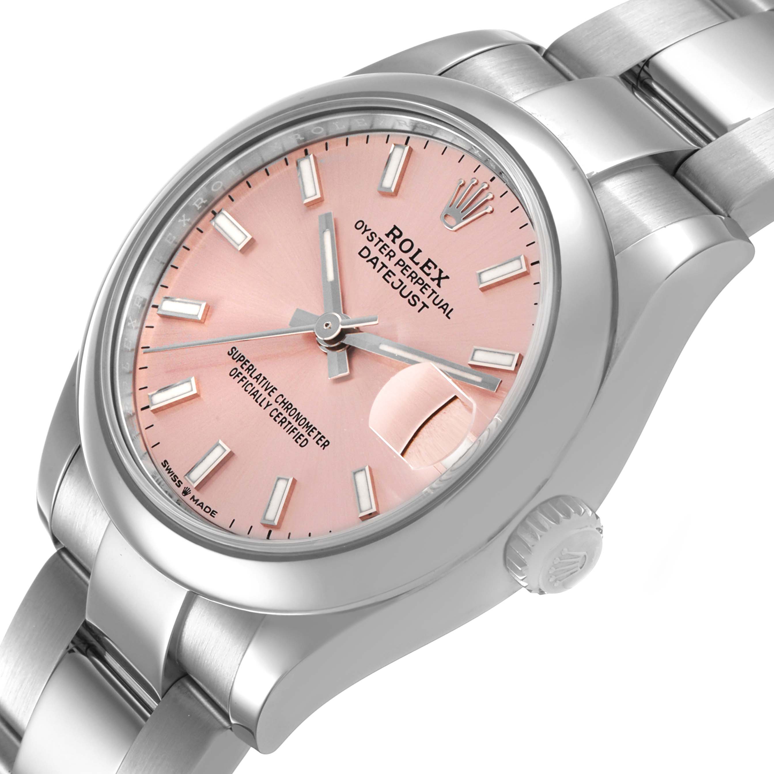The Rolex Datejust Mid-Size watch is shown from a three-quarter angle, highlighting the pink dial, bezel, crown, and part of the bracelet.