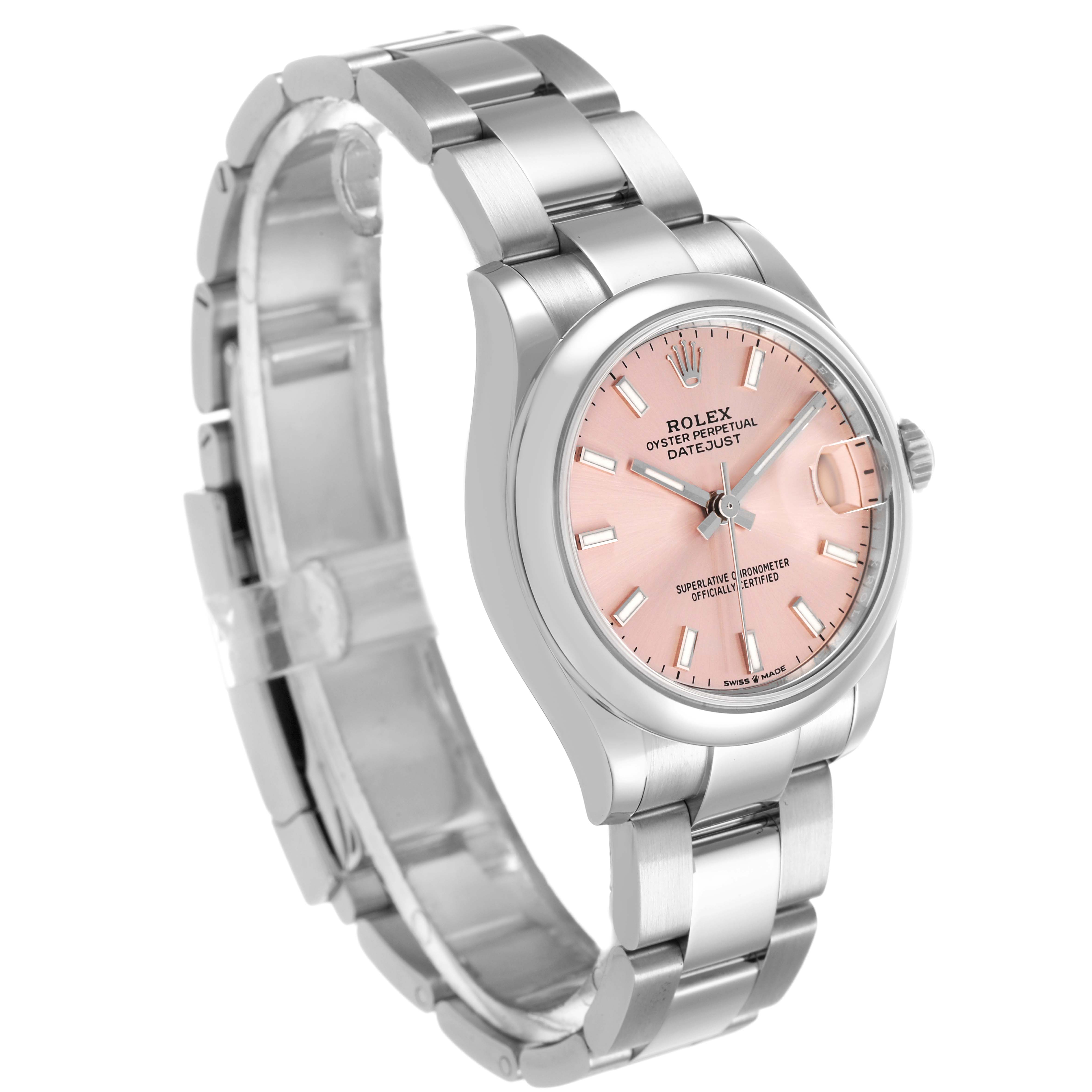 The Rolex Mid-Size 278240 Women's Stainless Steel Pink Dial Datejust is shown at a three-quarter angle highlighting its dial and bracelet.