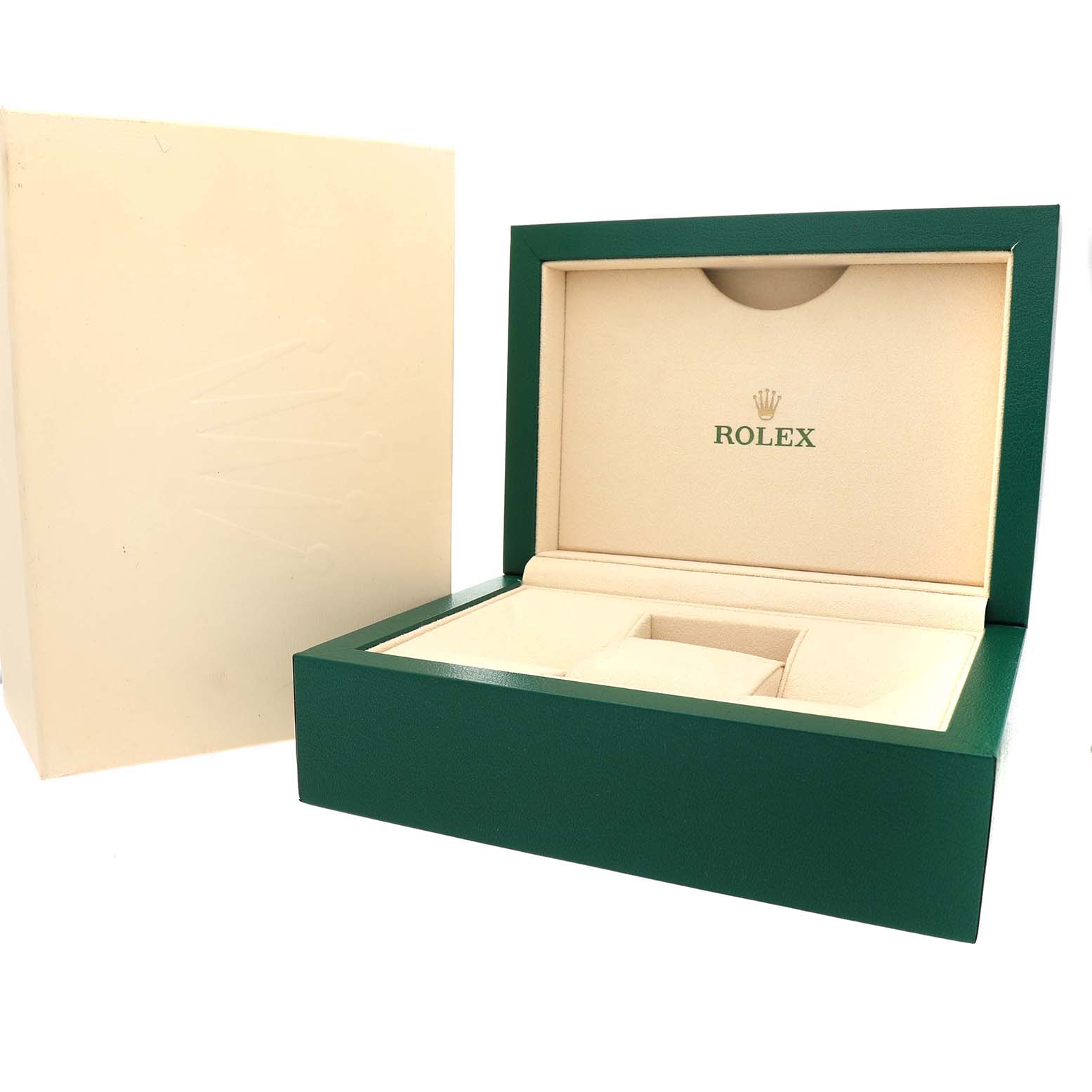 The image shows a Rolex Mid-Size 278240 Women's Stainless Steel Pink Dial watch box, displaying the open interior and the outer casing at an angle.