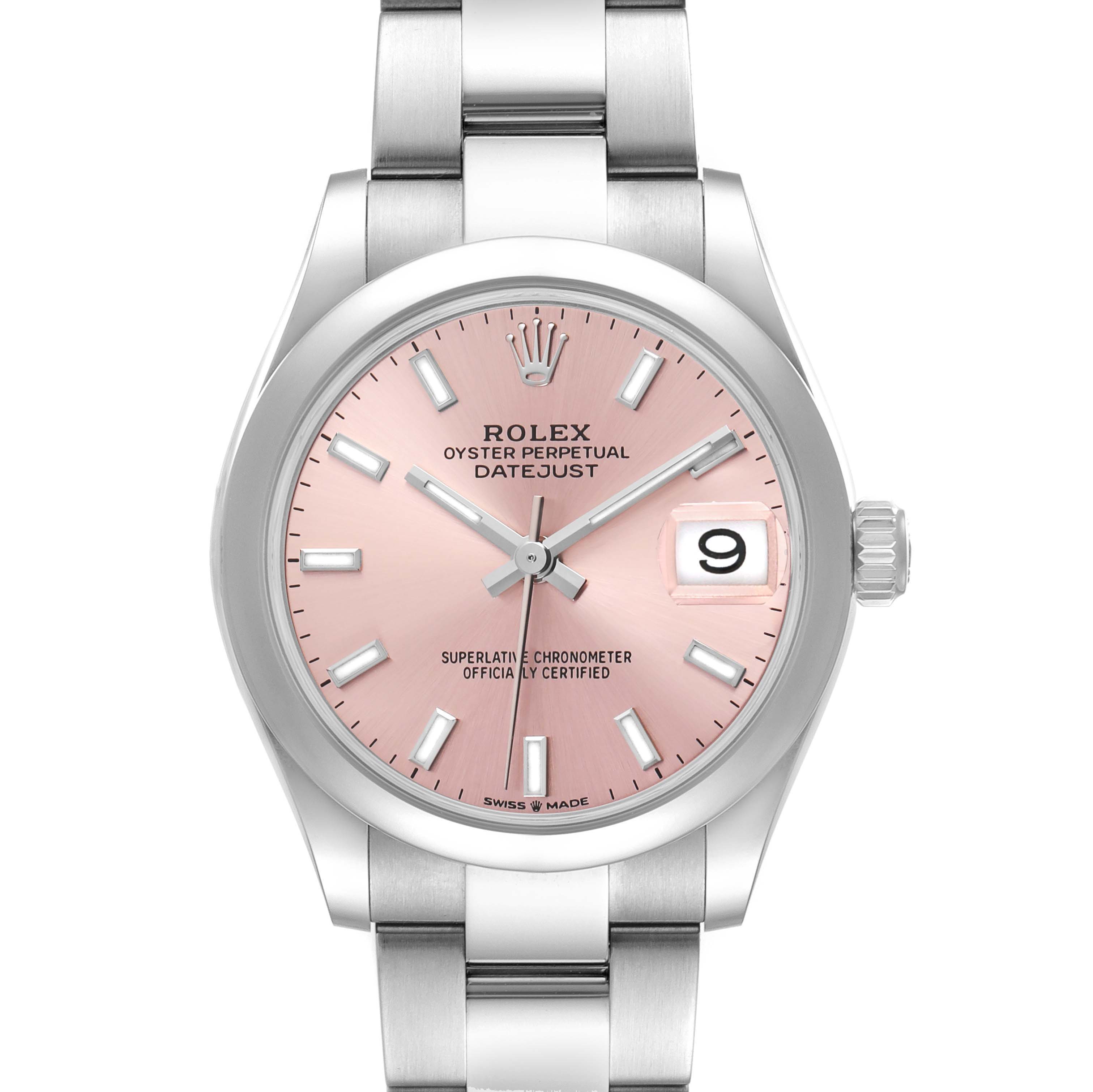 The Rolex Mid-Size 278240 Women's Stainless Steel Pink Dial Datejust is shown from the front, highlighting the pink dial, silver indices, and date window.