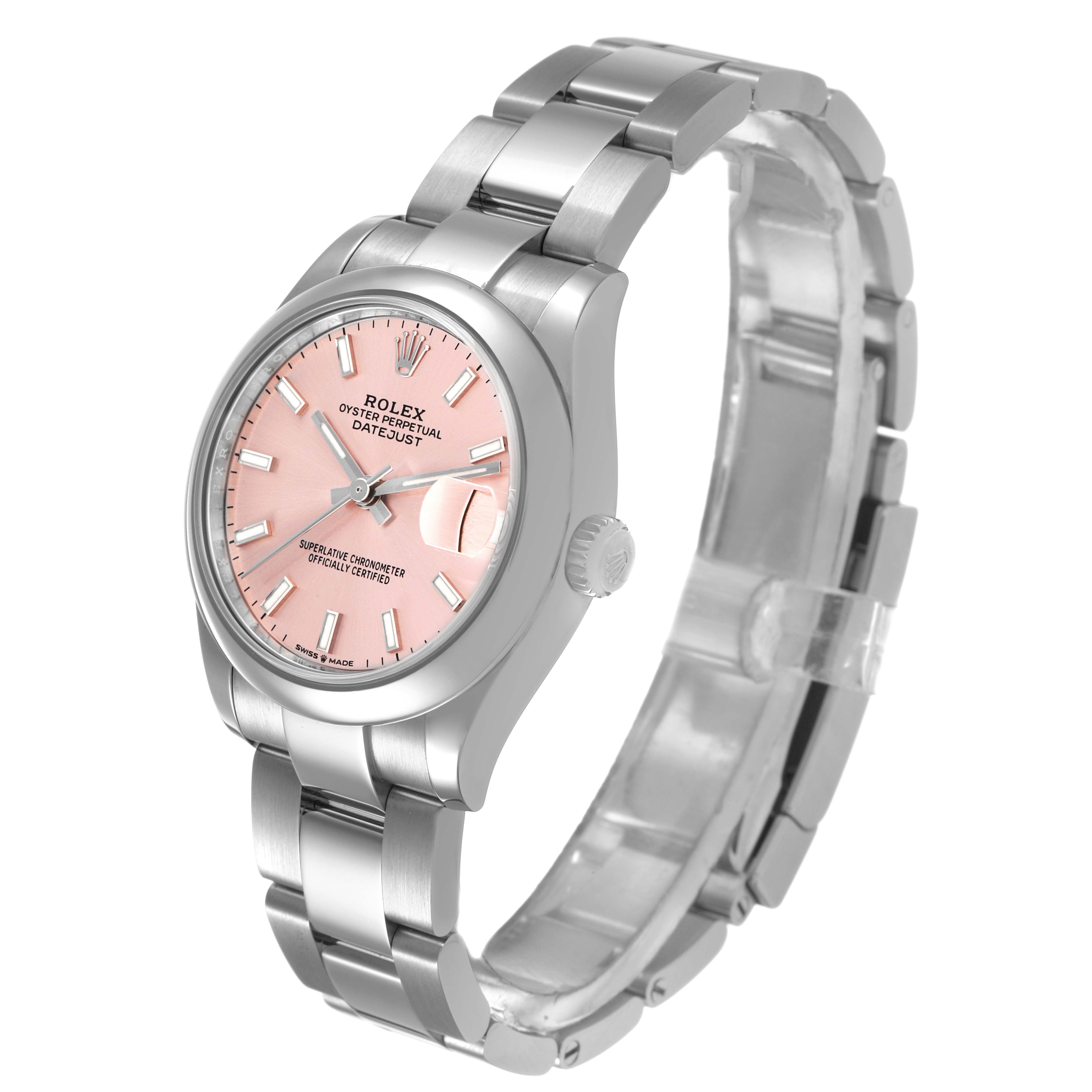 The Rolex Mid-Size 278240 Women's Stainless Steel Pink Dial watch is shown at a three-quarter angle, displaying the face, bracelet, and crown.