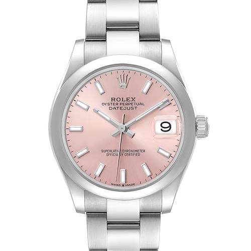 The Rolex Mid-Size 278240 Women's Stainless Steel Pink Dial Datejust is shown from a frontal angle, featuring the pink dial, bezel, bracelet, and crown.