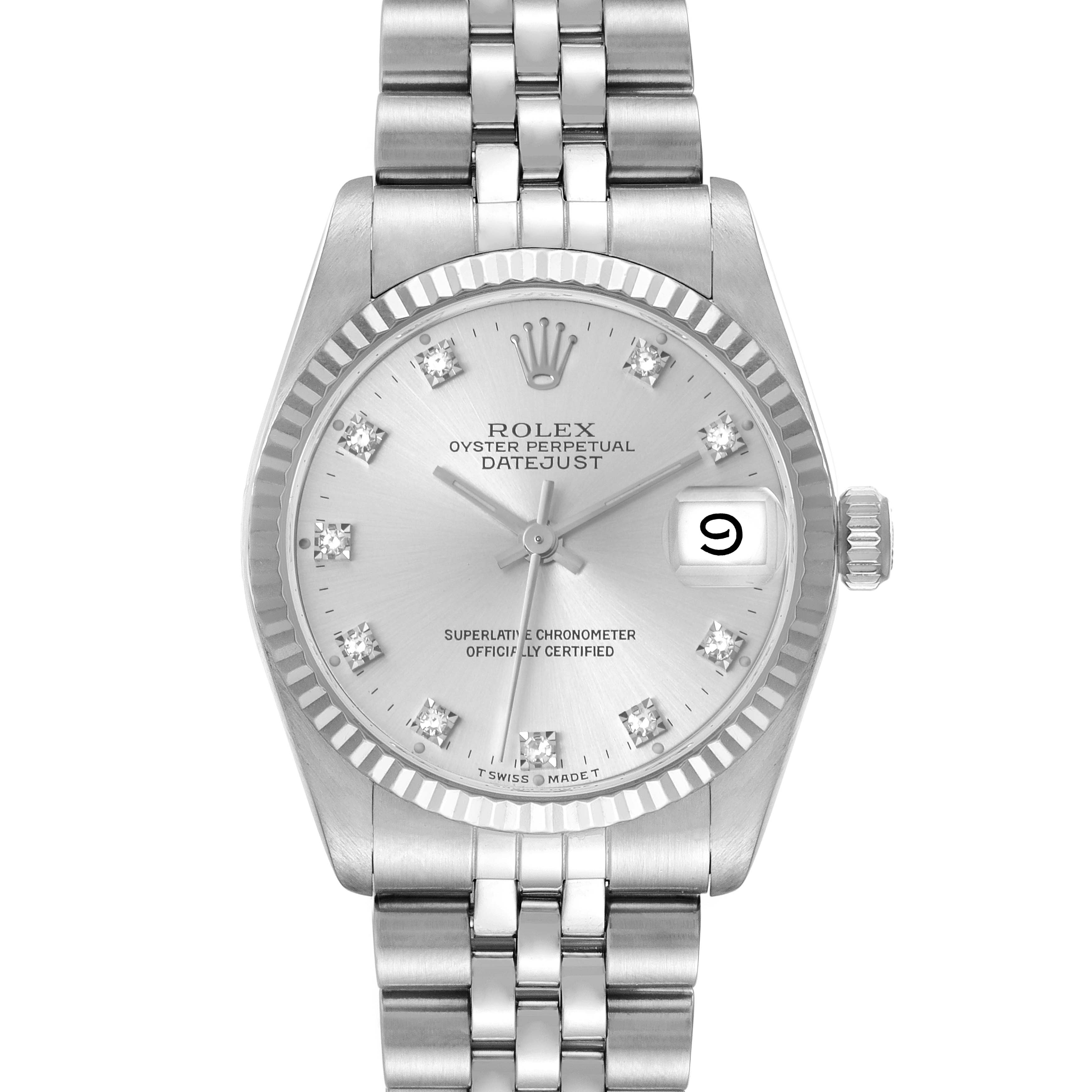 This image shows a front view of the Rolex Datejust Mid-Size watch, featuring its dial, bezel, crown, and bracelet.