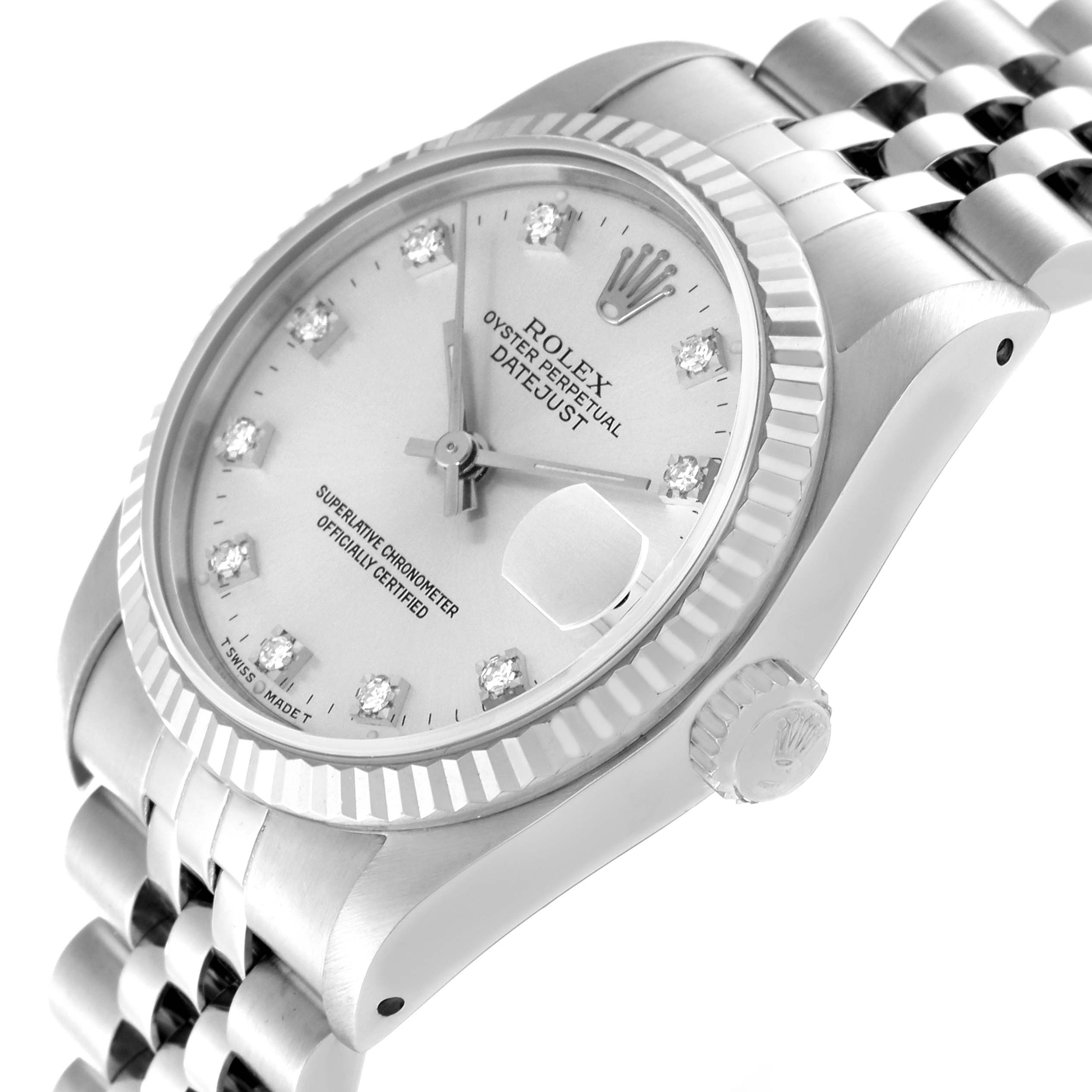 This image shows a close-up angle of the Rolex Mid-Size 68274 Women's Stainless Steel Silver Dial 68274 Women's Stainless Steel Silver Dial Oyster Perpetual Datejust watch, highlighting the dial, crown, and bracelet.