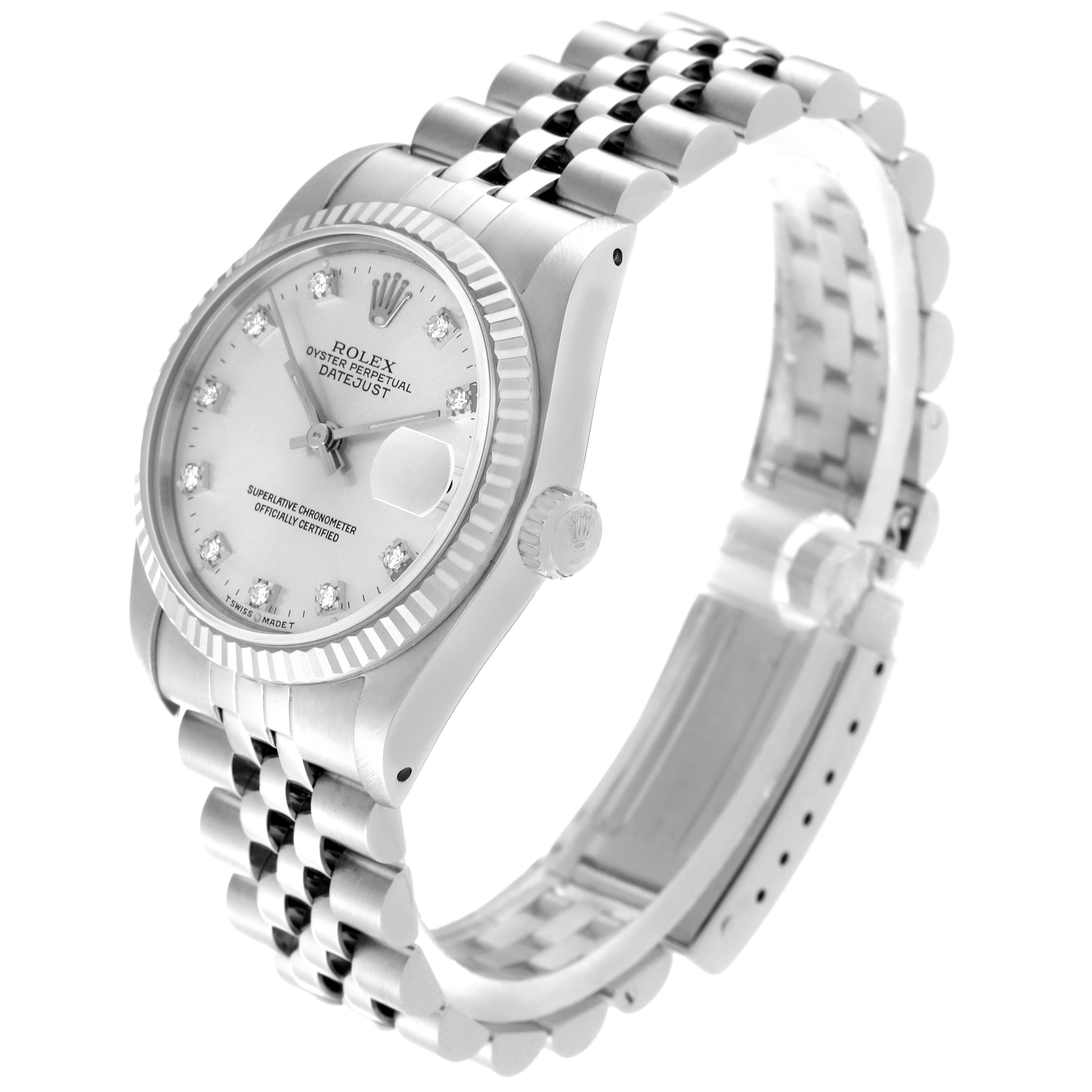 This image shows a side and partial front view of a Rolex Oyster Perpetual Datejust Mid-Size watch, highlighting the dial, bezel, and bracelet.