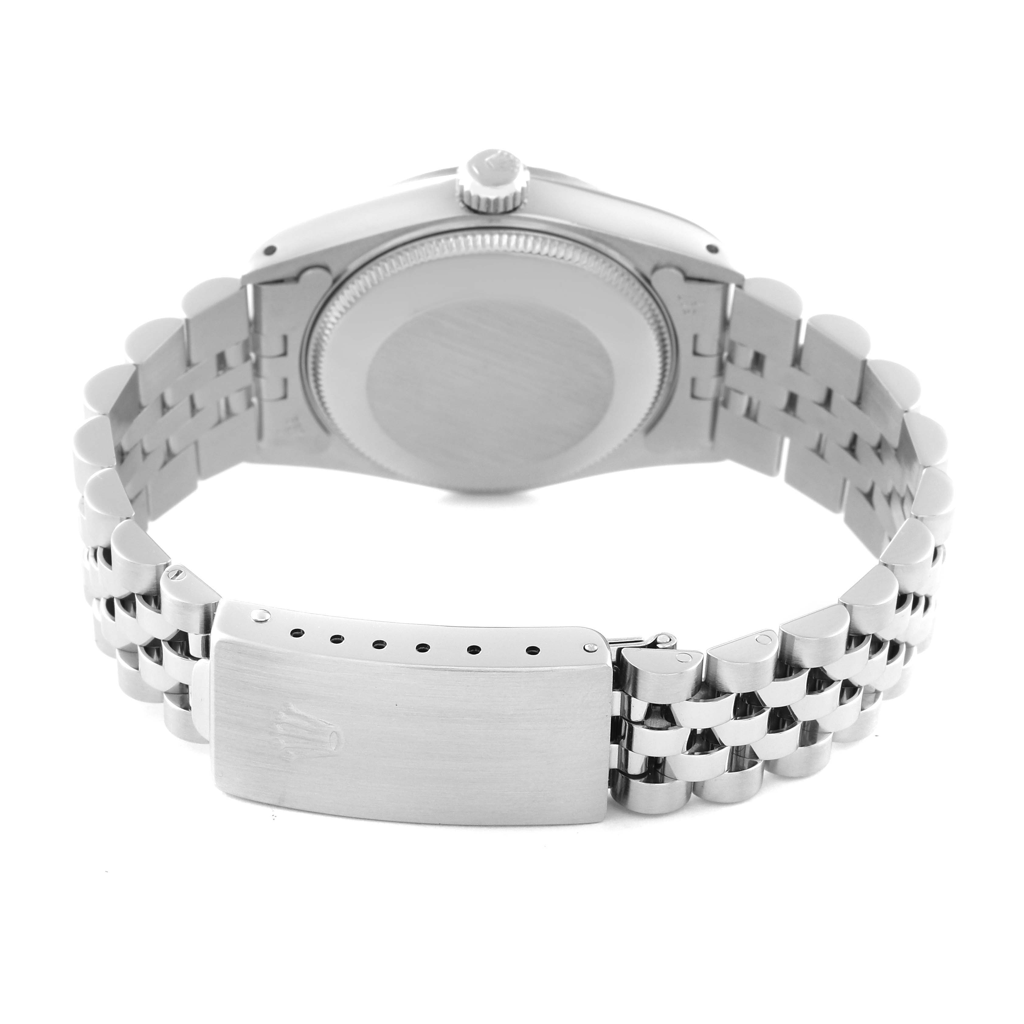 The image shows the back case, crown, and bracelet with clasp of a Rolex Mid-Size 68274 Women's Stainless Steel Silver Dial 68274 Women's Stainless Steel Silver Dial watch.