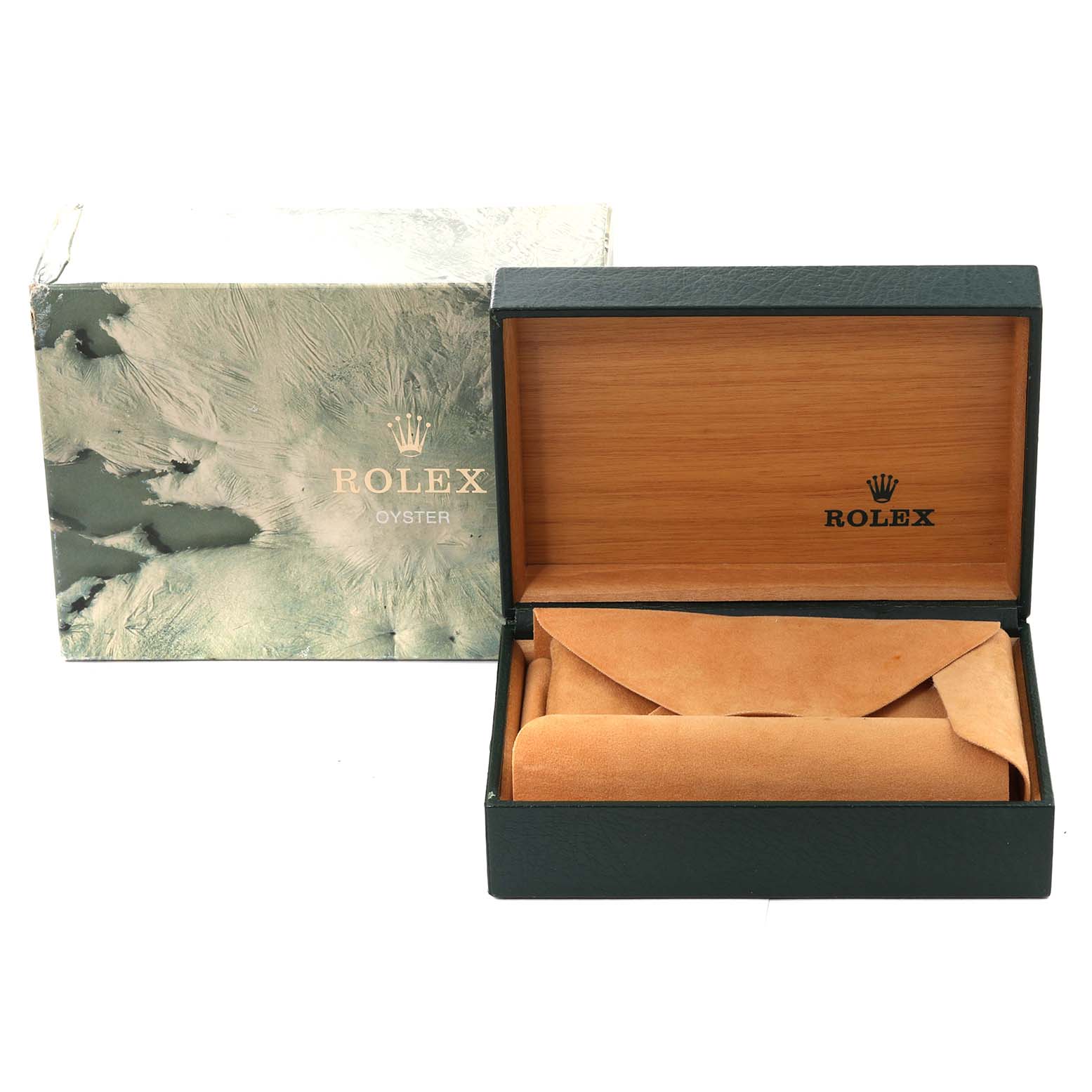 The image shows an open Rolex Mid-Size 68274 Women's Stainless Steel Silver Dial 68274 Women's Stainless Steel Silver Dial watch box with a protective suede pouch inside, alongside the outer packaging.