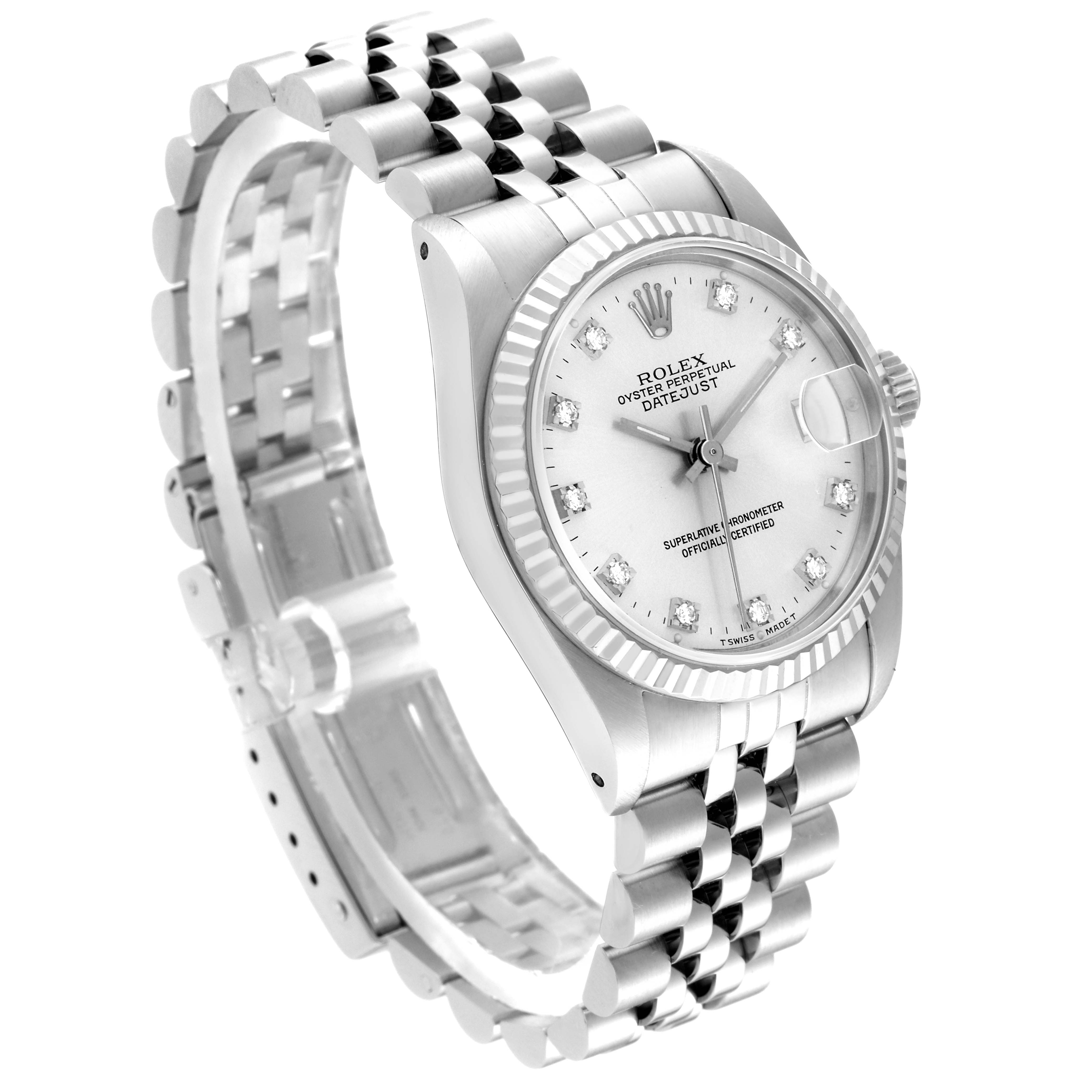 This image shows a Rolex Mid-Size 68274 Women's Stainless Steel Silver Dial 68274 Women's Stainless Steel Silver Dial Datejust watch at a slight angle, highlighting the face, bezel, and bracelet.