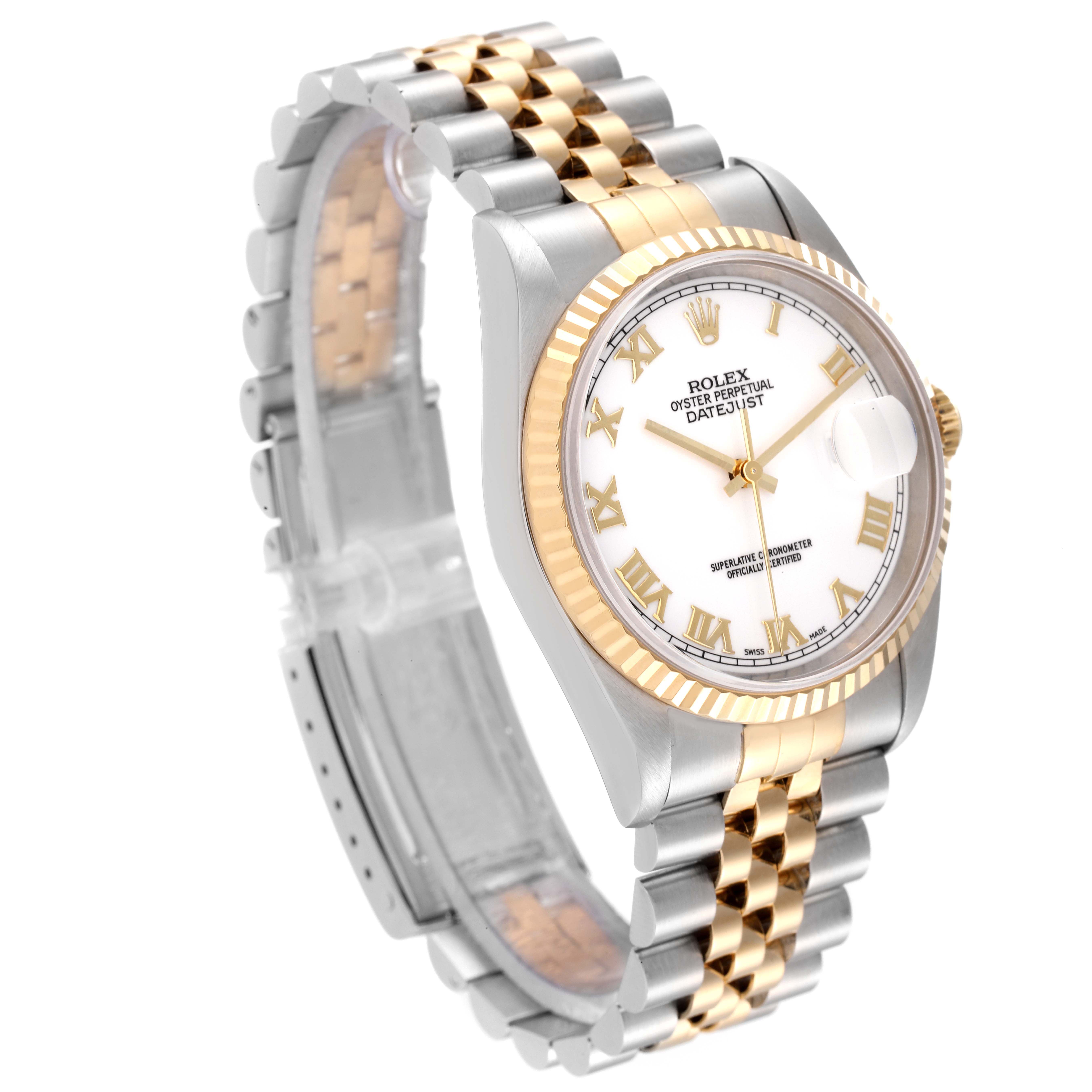 This Rolex Datejust 16233 Men's Steel and Gold (two tone) White Dial 16233 Men's Steel and Gold (two tone) White Dial is shown at a slight angle, highlighting its white dial, Roman numerals, fluted bezel, and two-tone bracelet.