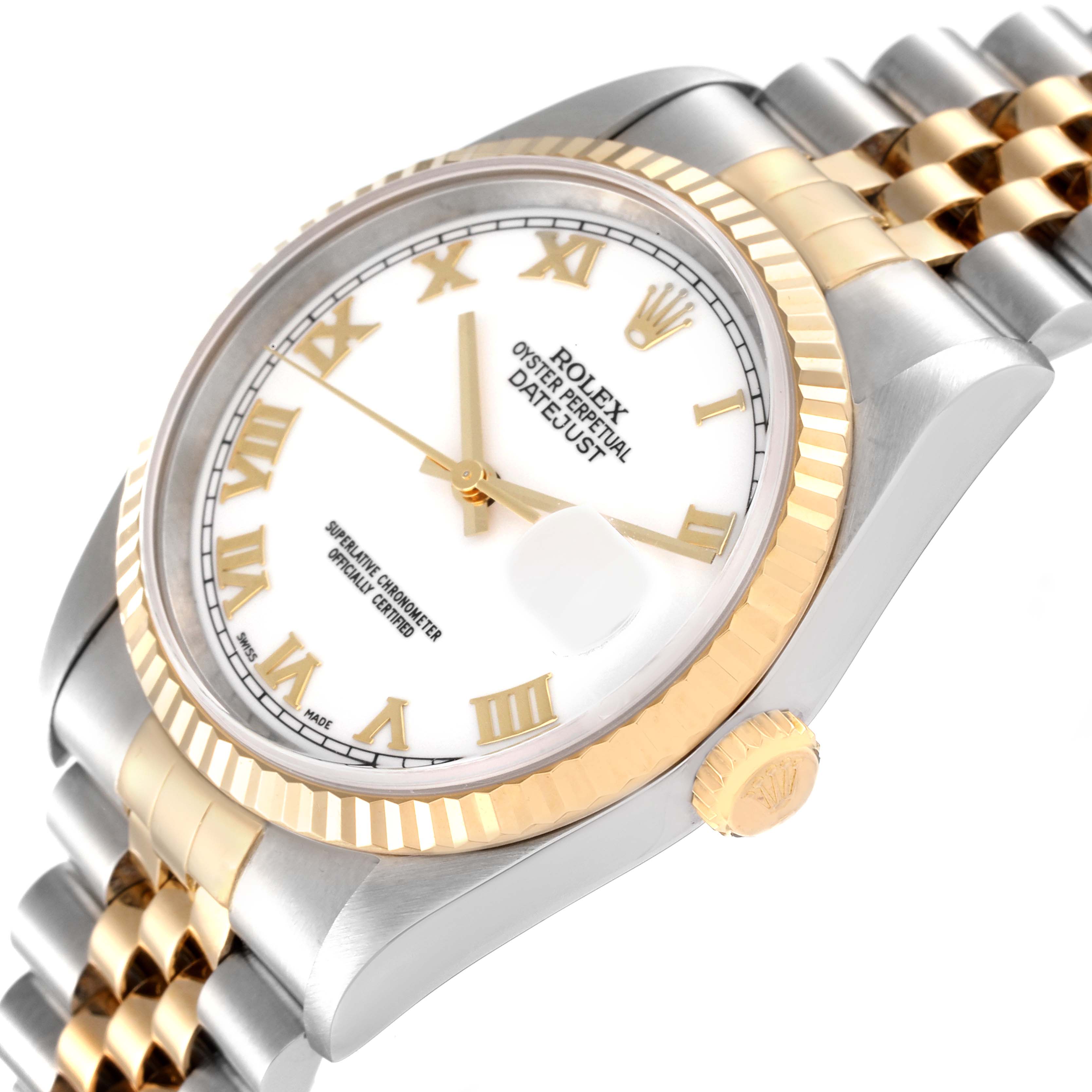 This image shows a close-up angle of the Rolex Datejust 16233 Men's Steel and Gold (two tone) White Dial 16233 Men's Steel and Gold (two tone) White Dial watch, highlighting the dial, bezel, and part of the bracelet.