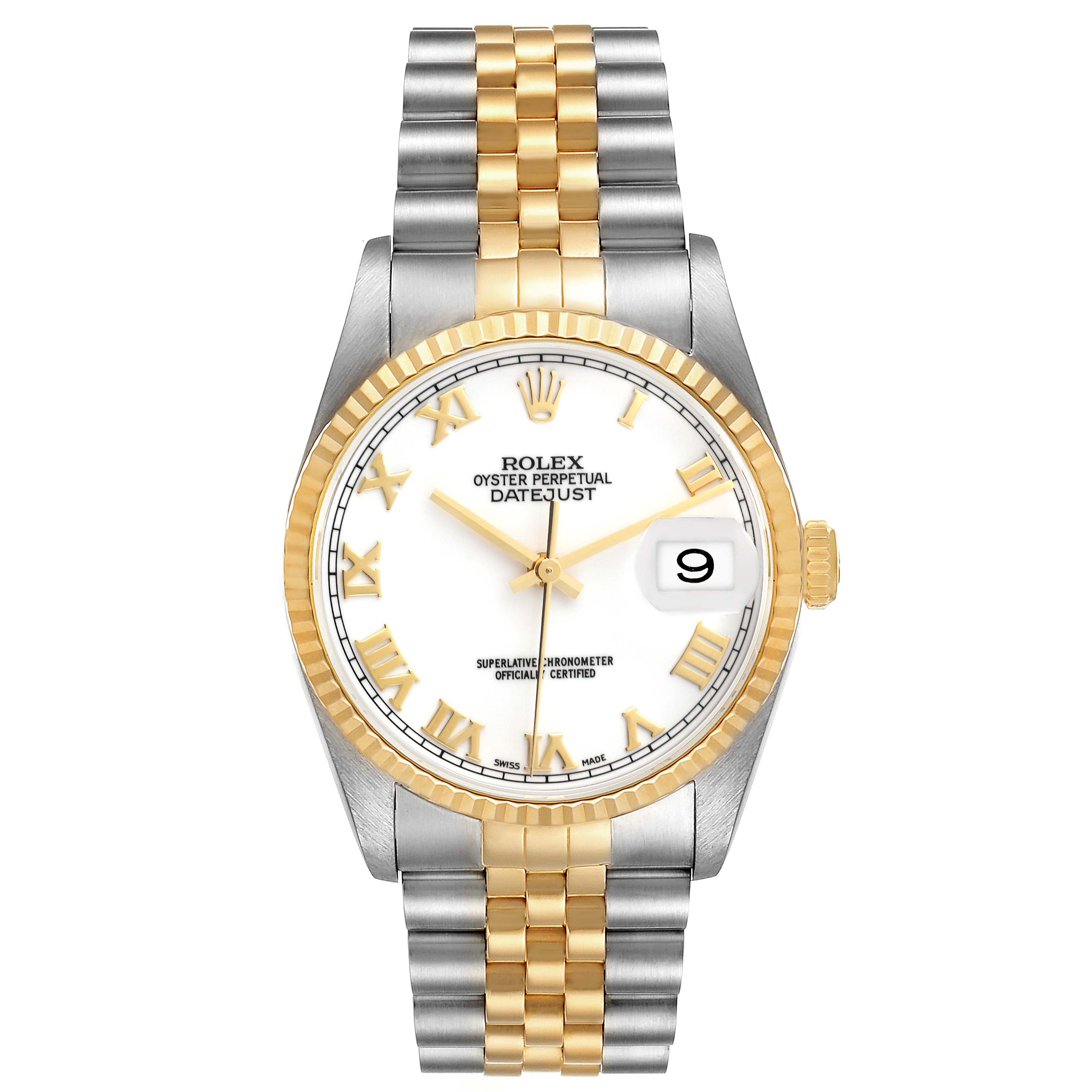 The image shows a frontal view of a Rolex Datejust 16233 Men's Steel and Gold (two tone) White Dial 16233 Men's Steel and Gold (two tone) White Dial watch, highlighting the dial, hands, bracelet, and date window.