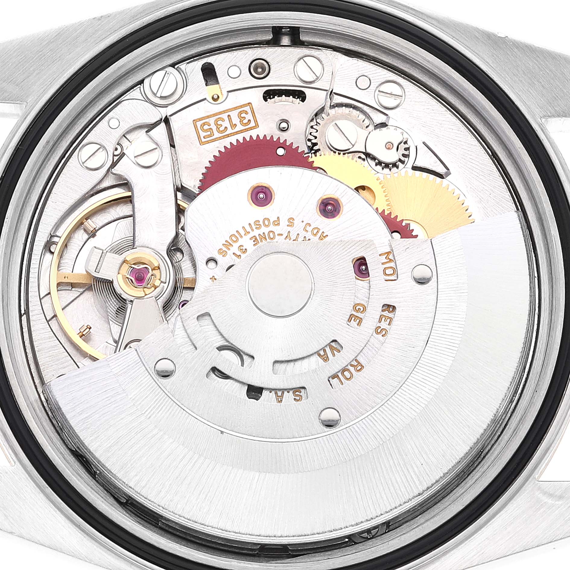 The image shows an interior view of the Rolex Datejust 16233 Men's Steel and Gold (two tone) White Dial 16233 Men's Steel and Gold (two tone) White Dial model's intricate mechanical movement and components.