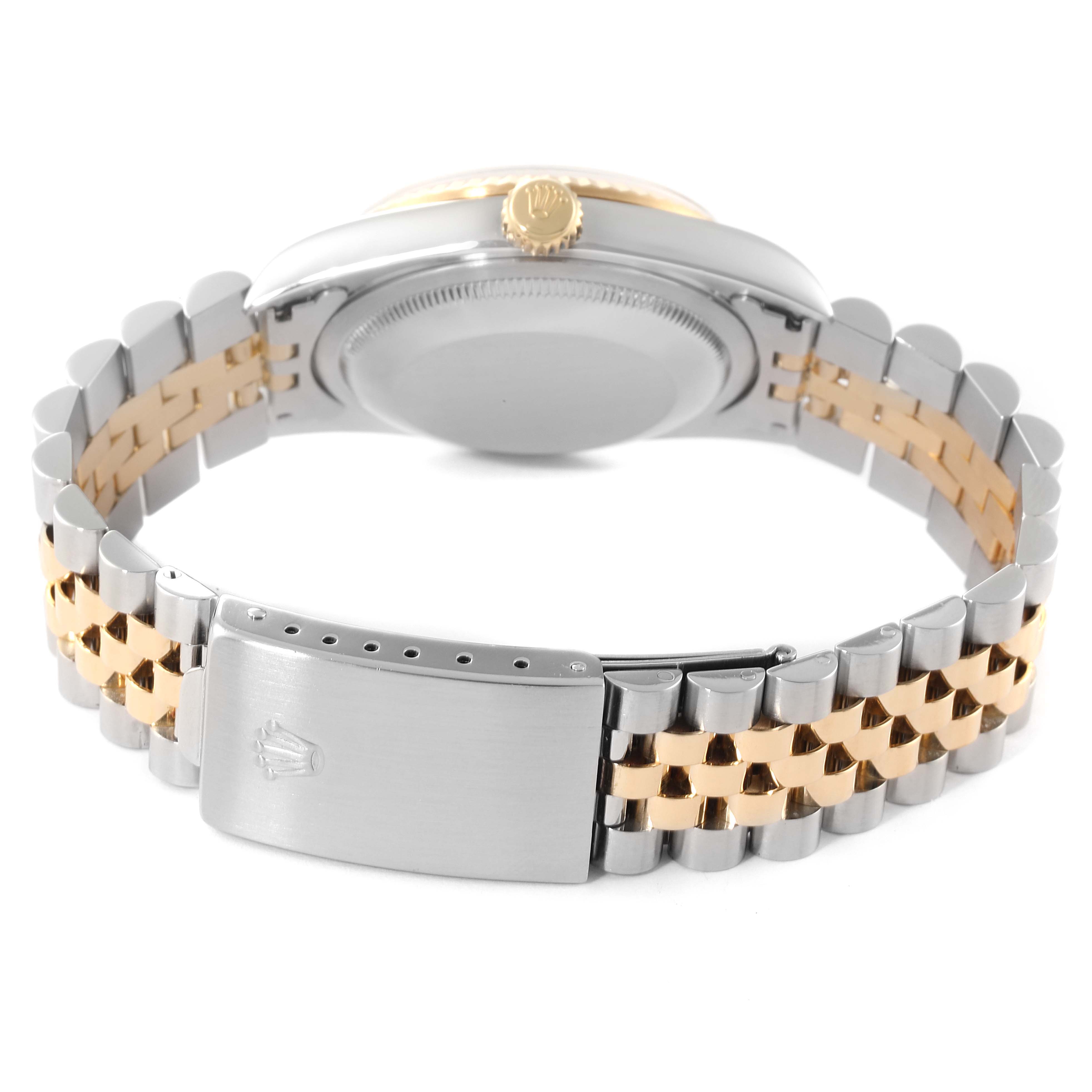 The image shows the back and clasp of a Rolex Datejust 16233 Men's Steel and Gold (two tone) White Dial 16233 Men's Steel and Gold (two tone) White Dial watch, highlighting its two-tone metal bracelet and crown.