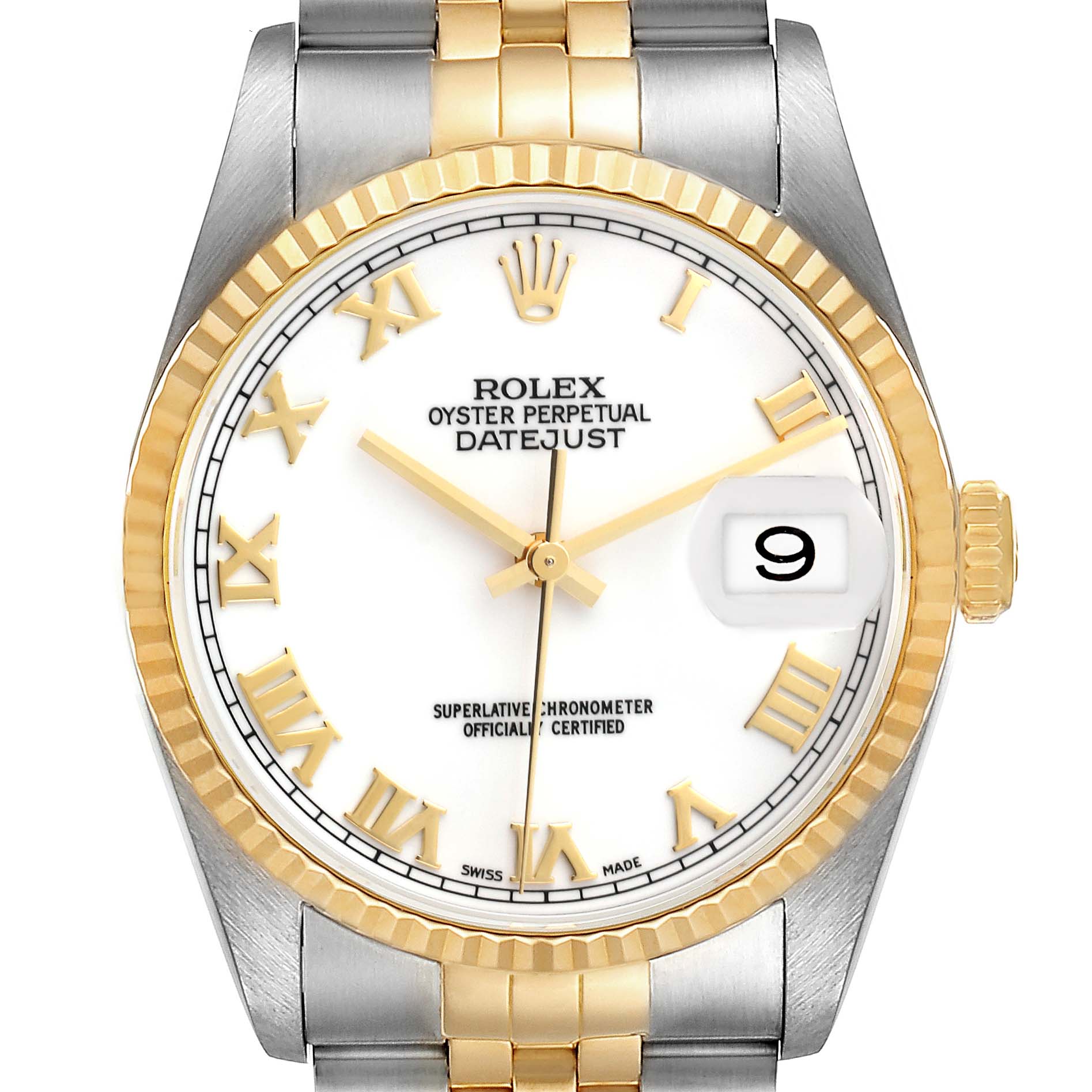 The image shows a front view of the Rolex Datejust 16233 Men's Steel and Gold (two tone) White Dial 16233 Men's Steel and Gold (two tone) White Dial watch displaying its face, bezel, and part of the bracelet.