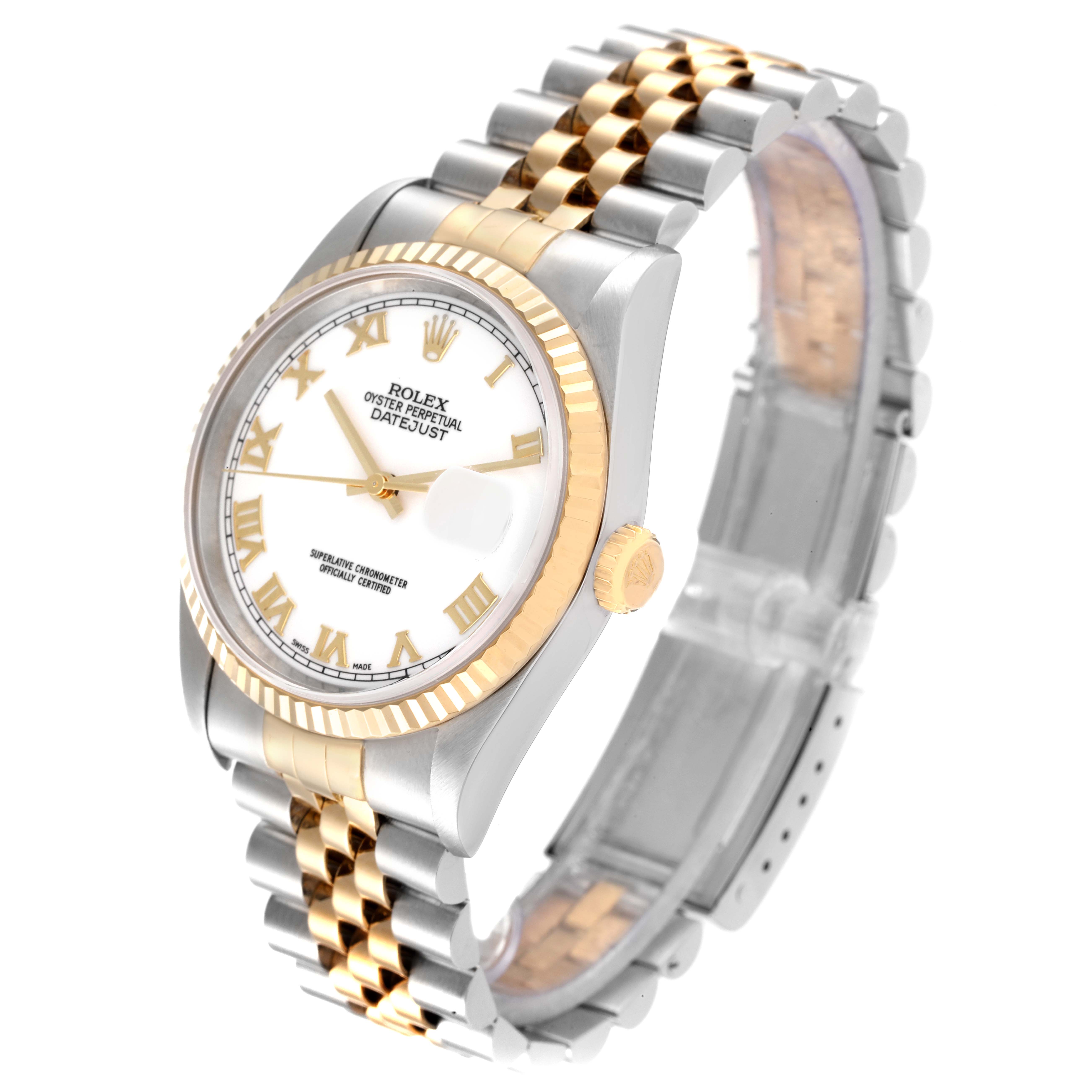 The image shows a Rolex Datejust 16233 Men's Steel and Gold (two tone) White Dial 16233 Men's Steel and Gold (two tone) White Dial watch at an angled top-down view, highlighting its face, bezel, crown, and bracelet.
