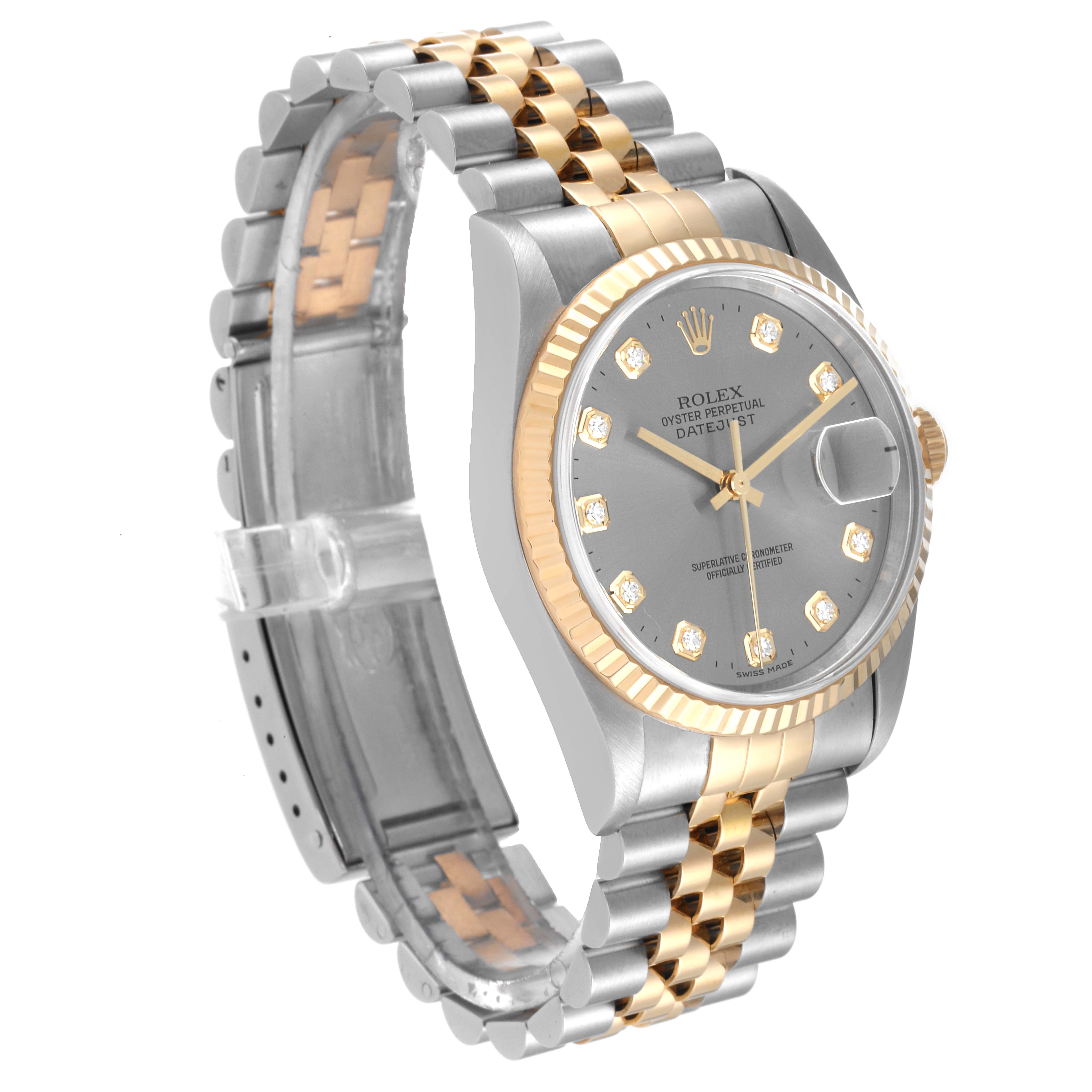This image shows a side angle of the Rolex Datejust 16233 Men
s Steel and Gold (two tone) Grey Dial 16233 Men
s Steel and Gold (two tone) Grey Dial watch, highlighting its two-tone bracelet and dial.