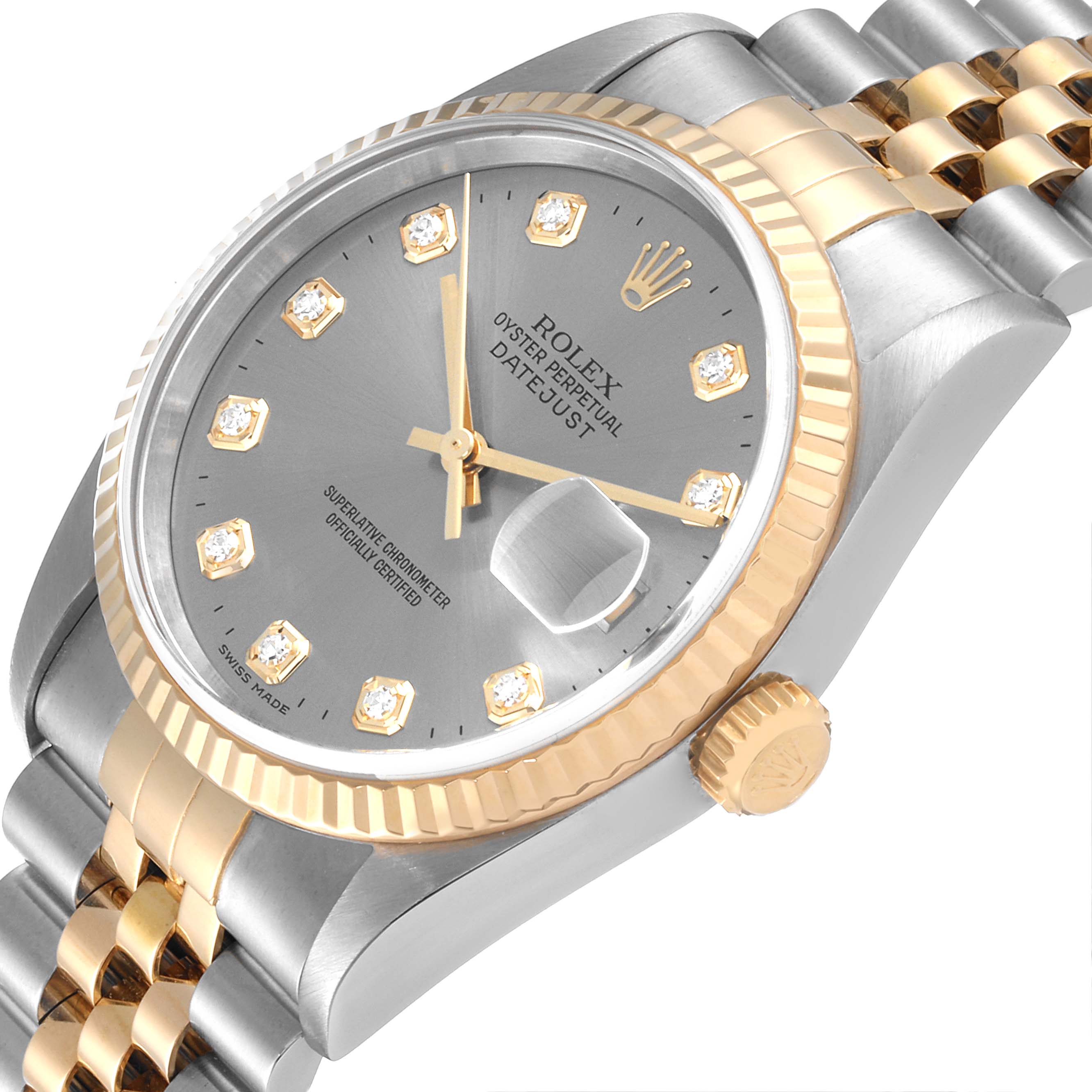 This image shows a close-up, angled view of a Rolex Datejust 16233 Men
s Steel and Gold (two tone) Grey Dial 16233 Men
s Steel and Gold (two tone) Grey Dial watch featuring a silver dial, gold bezel, and two-tone bracelet.