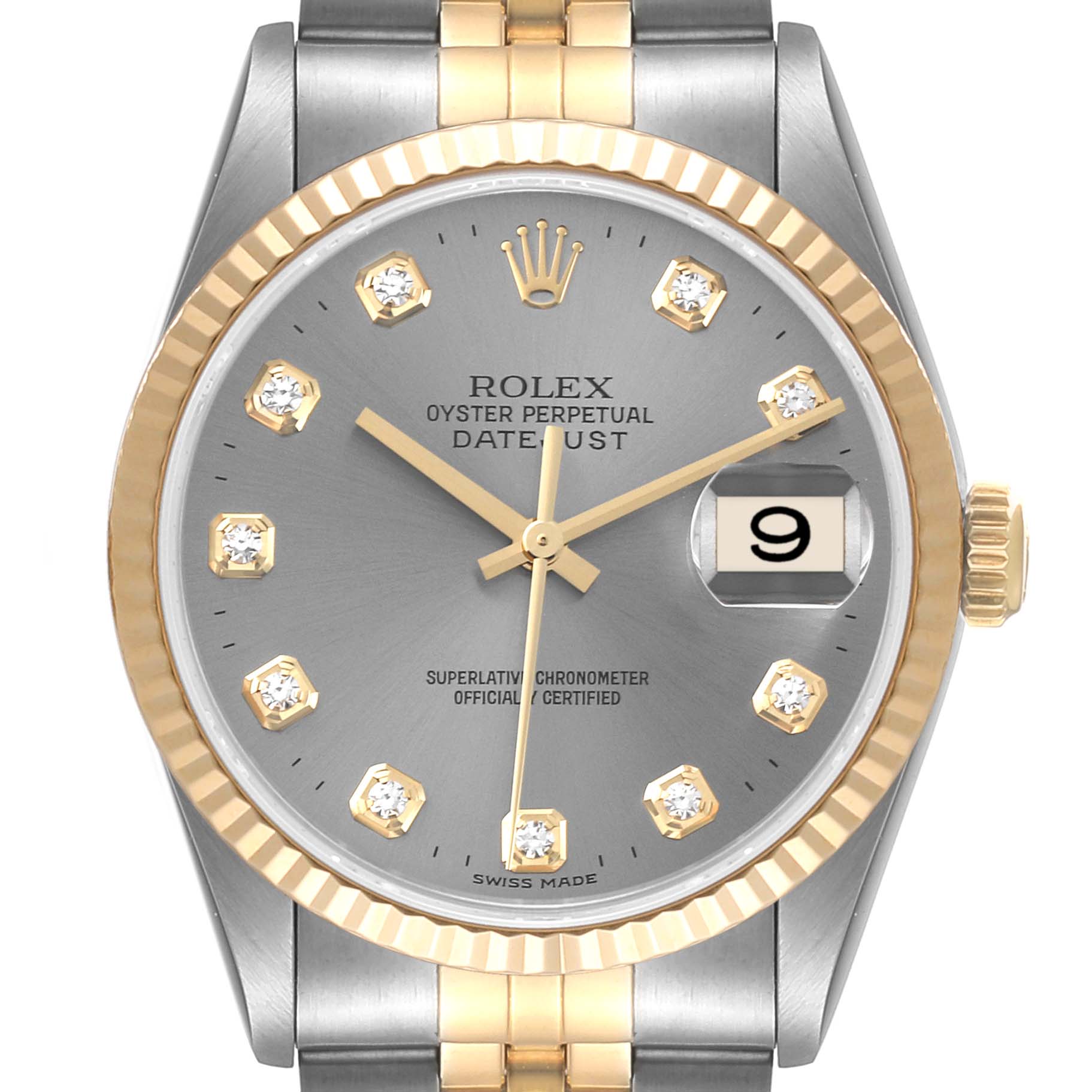 This is a close-up front view of the Rolex Datejust 16233 Men
s Steel and Gold (two tone) Grey Dial 16233 Men
s Steel and Gold (two tone) Grey Dial watch, showing its face, bezel, crown, and part of the bracelet.