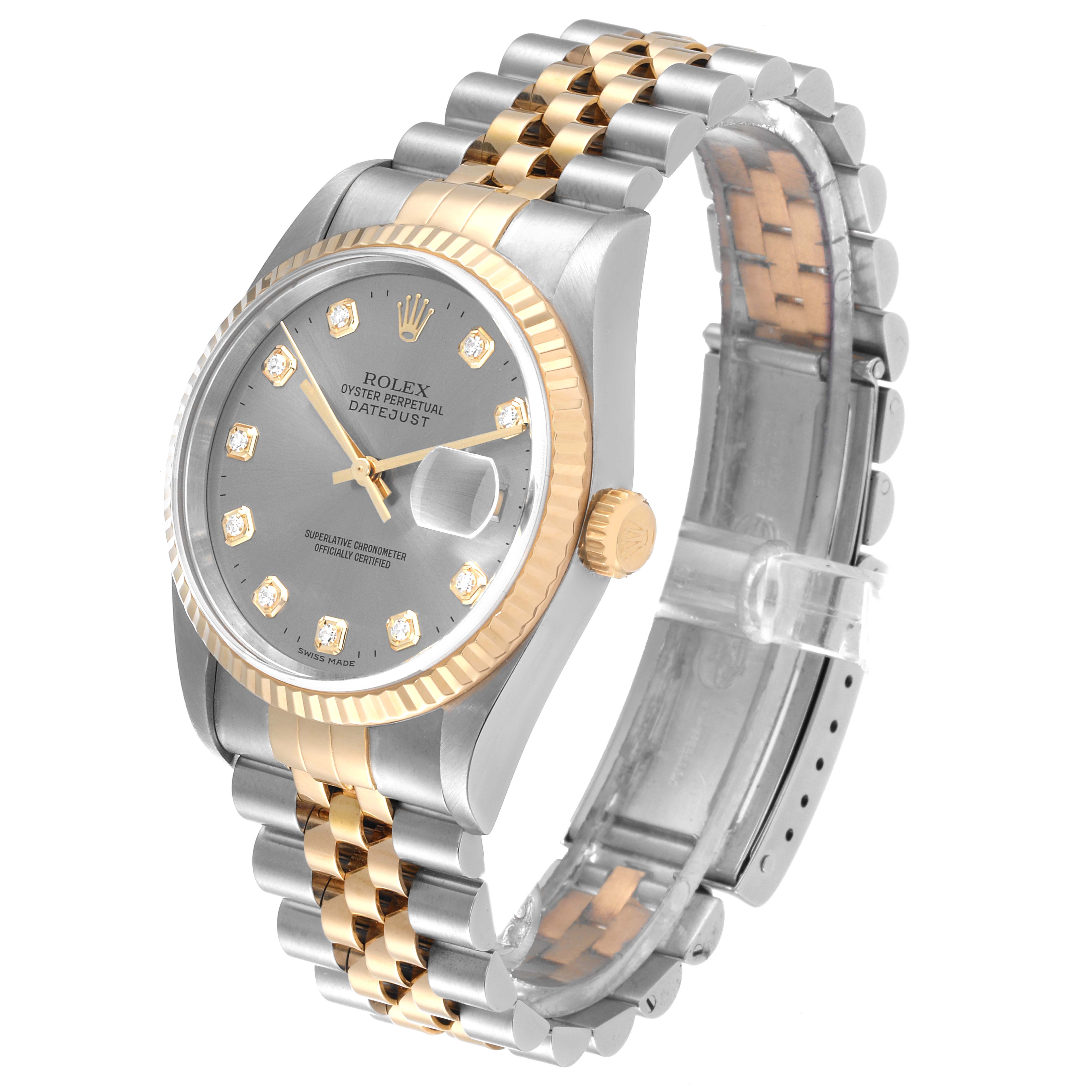 The Rolex Datejust 16233 Men
s Steel and Gold (two tone) Grey Dial 16233 Men
s Steel and Gold (two tone) Grey Dial watch is shown from an angled side view, highlighting its dial, bezel, crown, and two-tone bracelet.
