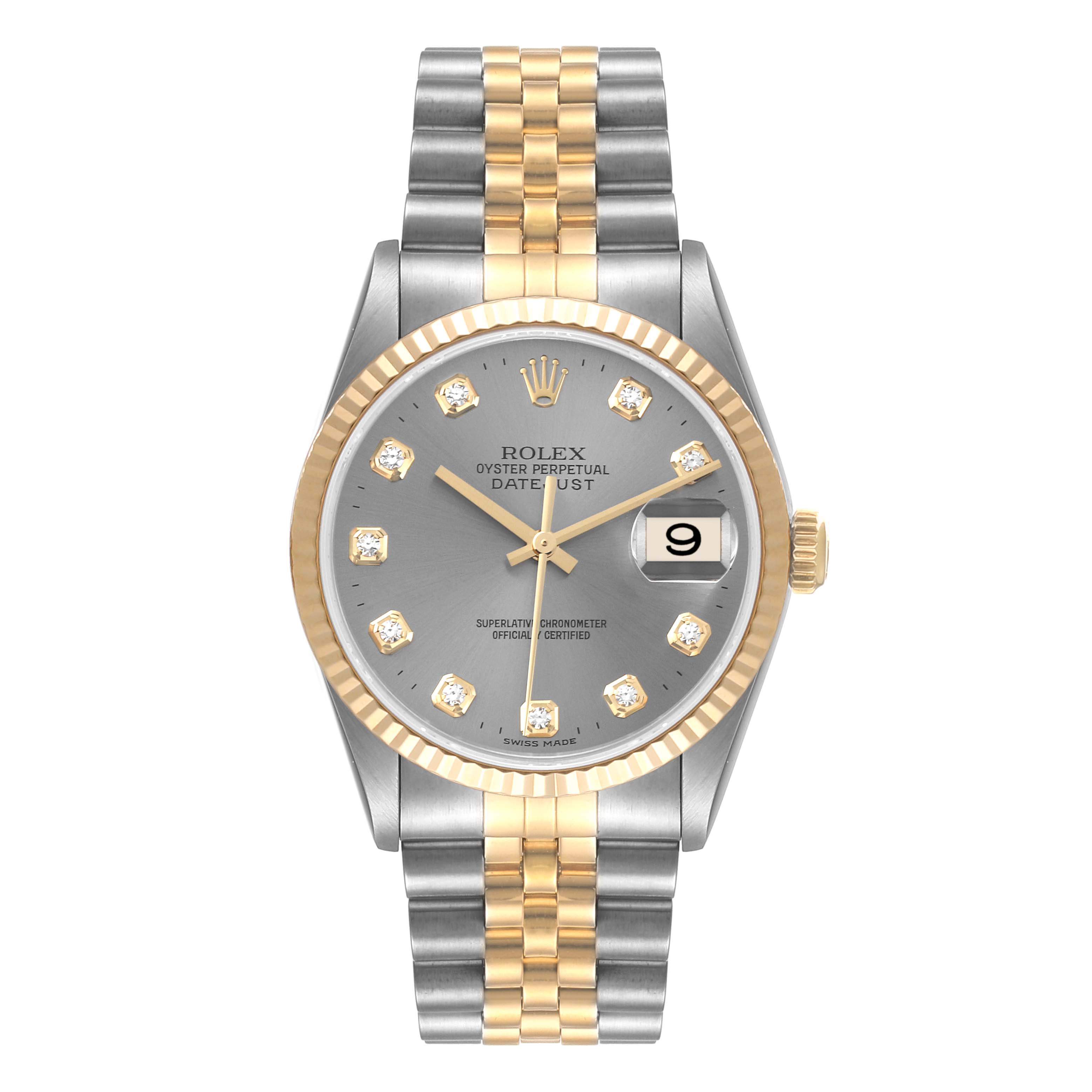 The Rolex Datejust 16233 Men
s Steel and Gold (two tone) Grey Dial 16233 Men
s Steel and Gold (two tone) Grey Dial watch is shown from a front angle, displaying the dial, bracelet, and bezel.