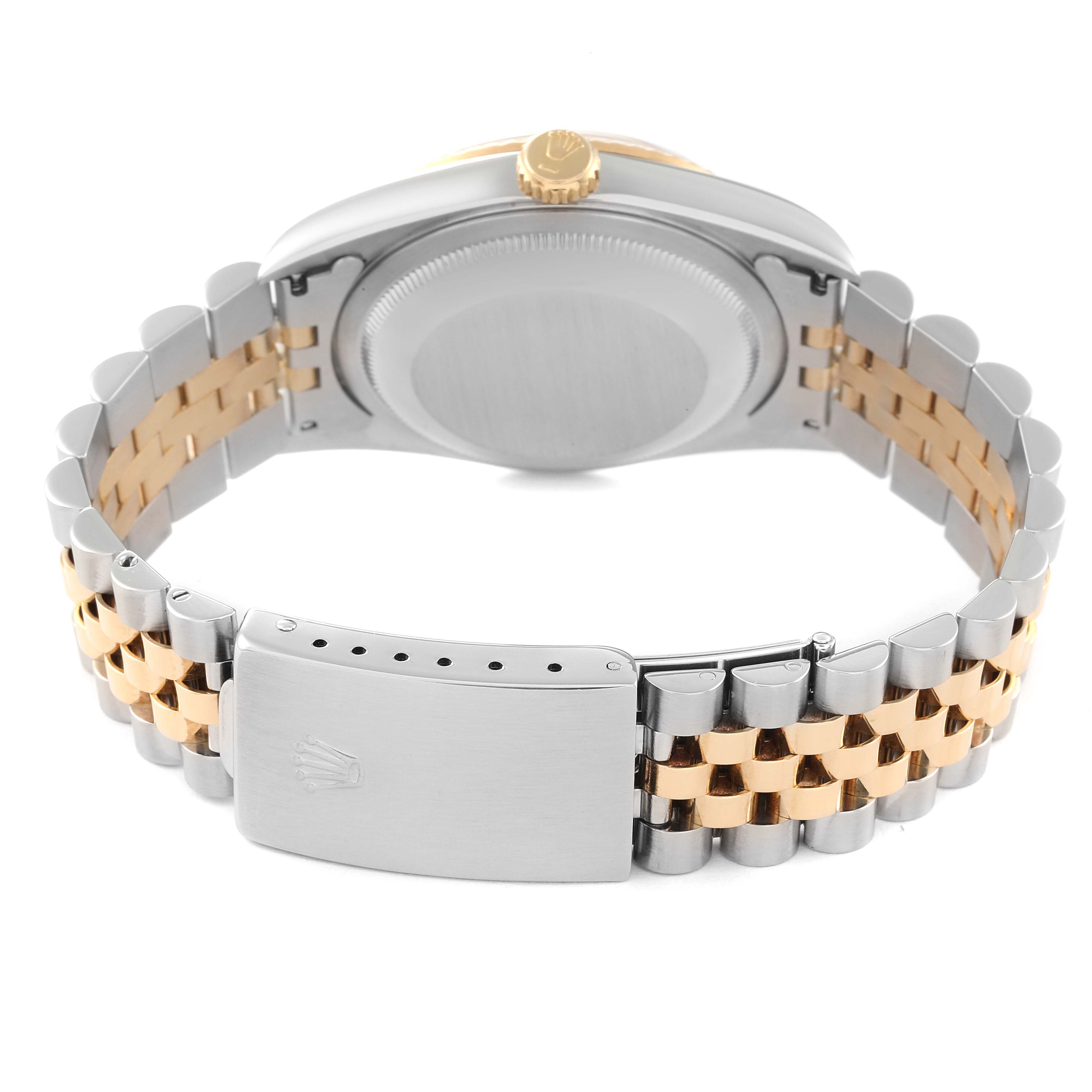 This image shows the back of a Rolex Datejust 16233 Men's Steel and Gold (two tone) Black Dial 16233 Men's Steel and Gold (two tone) Black Dial watch, featuring its case back, crown, and two-tone bracelet.