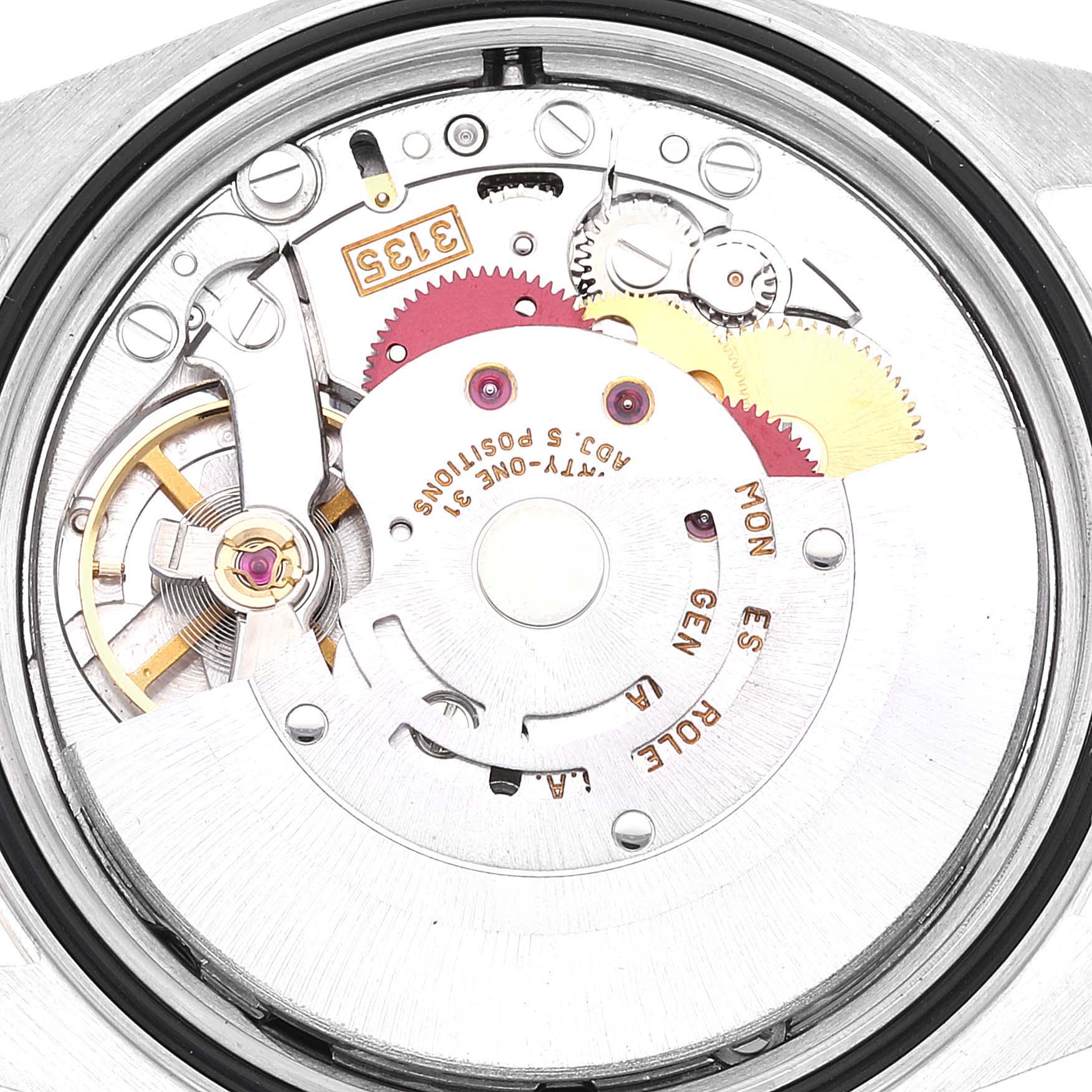 This image shows the internal mechanical movement of the Rolex Datejust 16233 Men's Steel and Gold (two tone) Black Dial 16233 Men's Steel and Gold (two tone) Black Dial watch, viewed from the back.