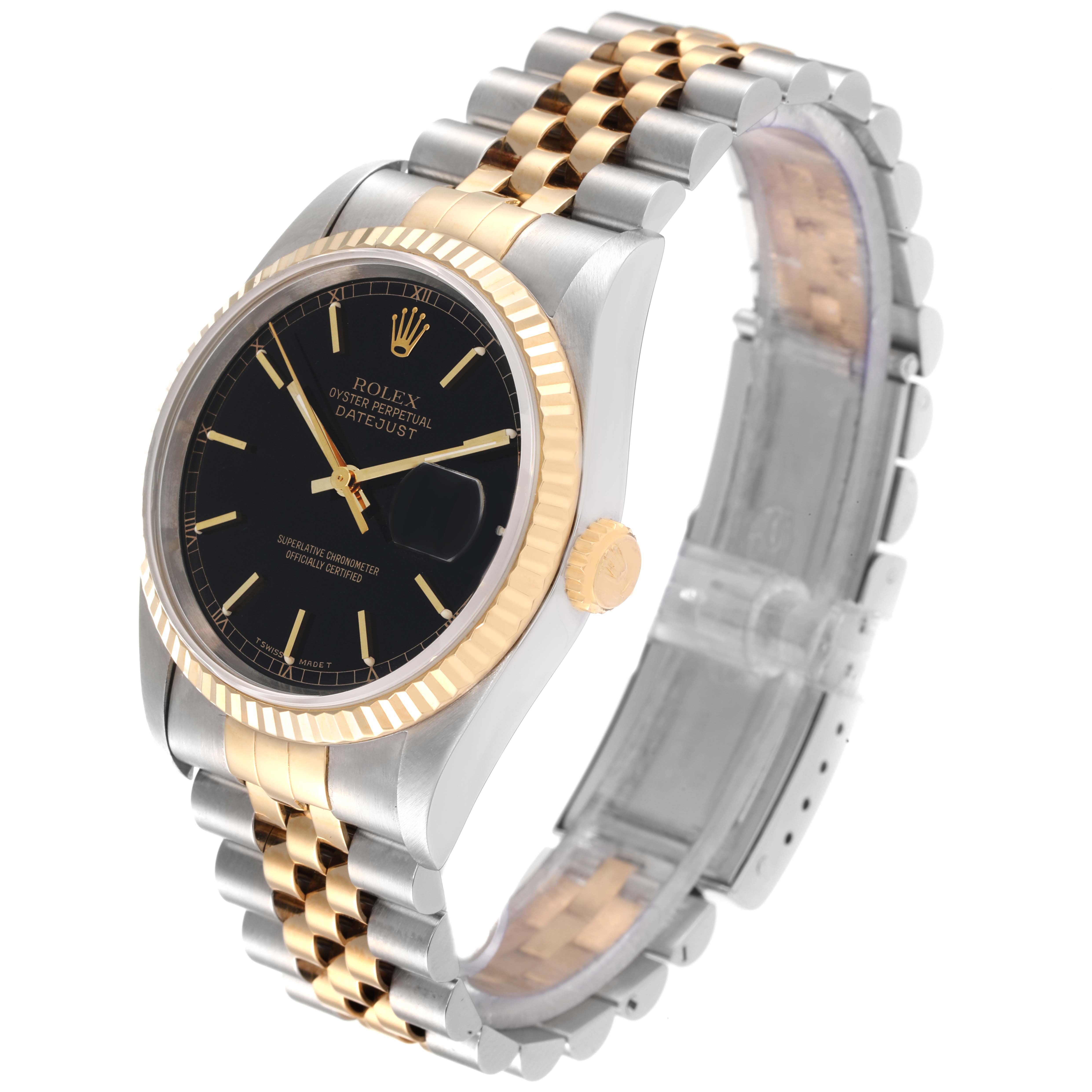 The image shows a Rolex Datejust 16233 Men's Steel and Gold (two tone) Black Dial 16233 Men's Steel and Gold (two tone) Black Dial watch at an angled side view, highlighting the dial, bezel, and bracelet.
