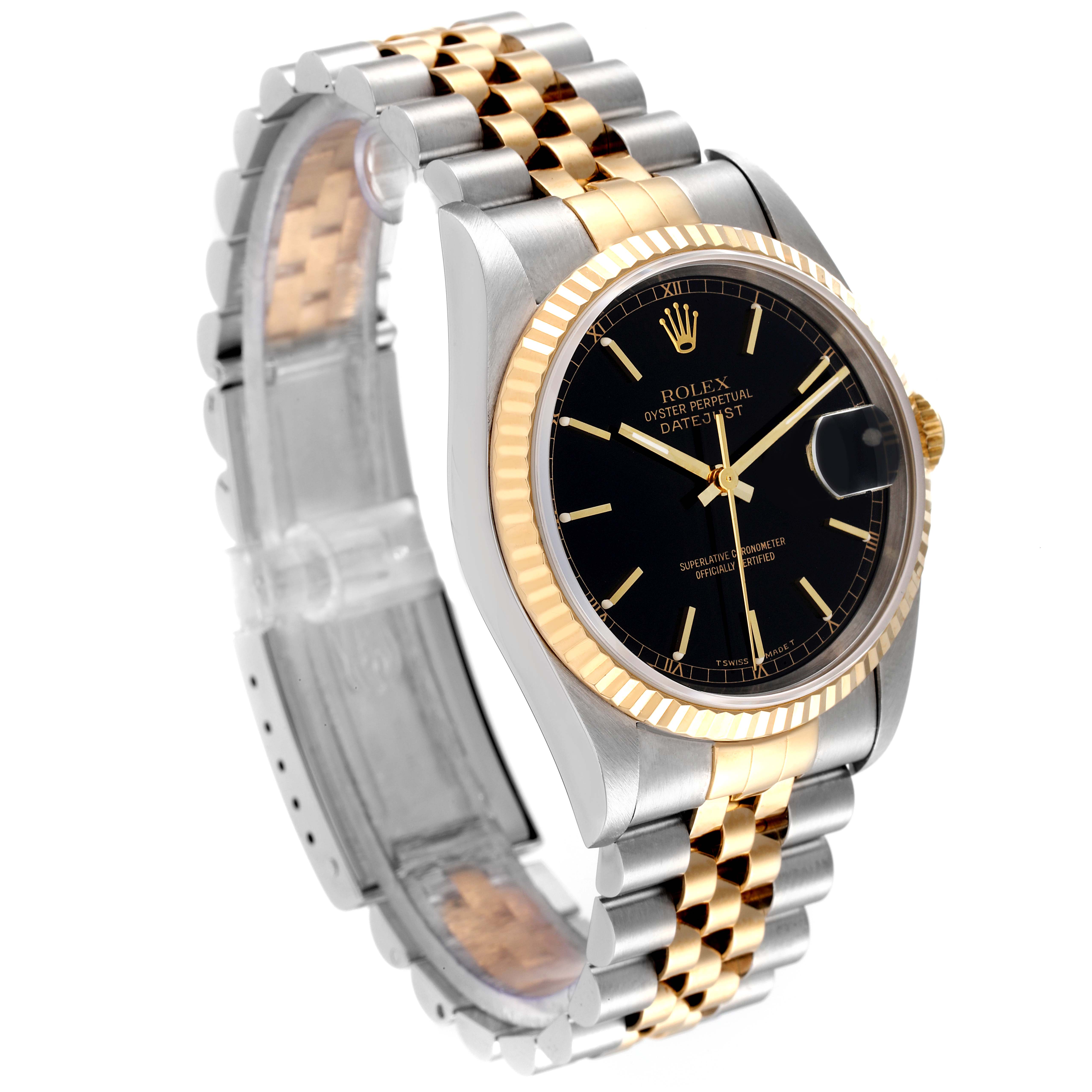 The image shows a Rolex Datejust 16233 Men's Steel and Gold (two tone) Black Dial 16233 Men's Steel and Gold (two tone) Black Dial watch at an angle, displaying its black dial, gold fluted bezel, and two-tone bracelet.
