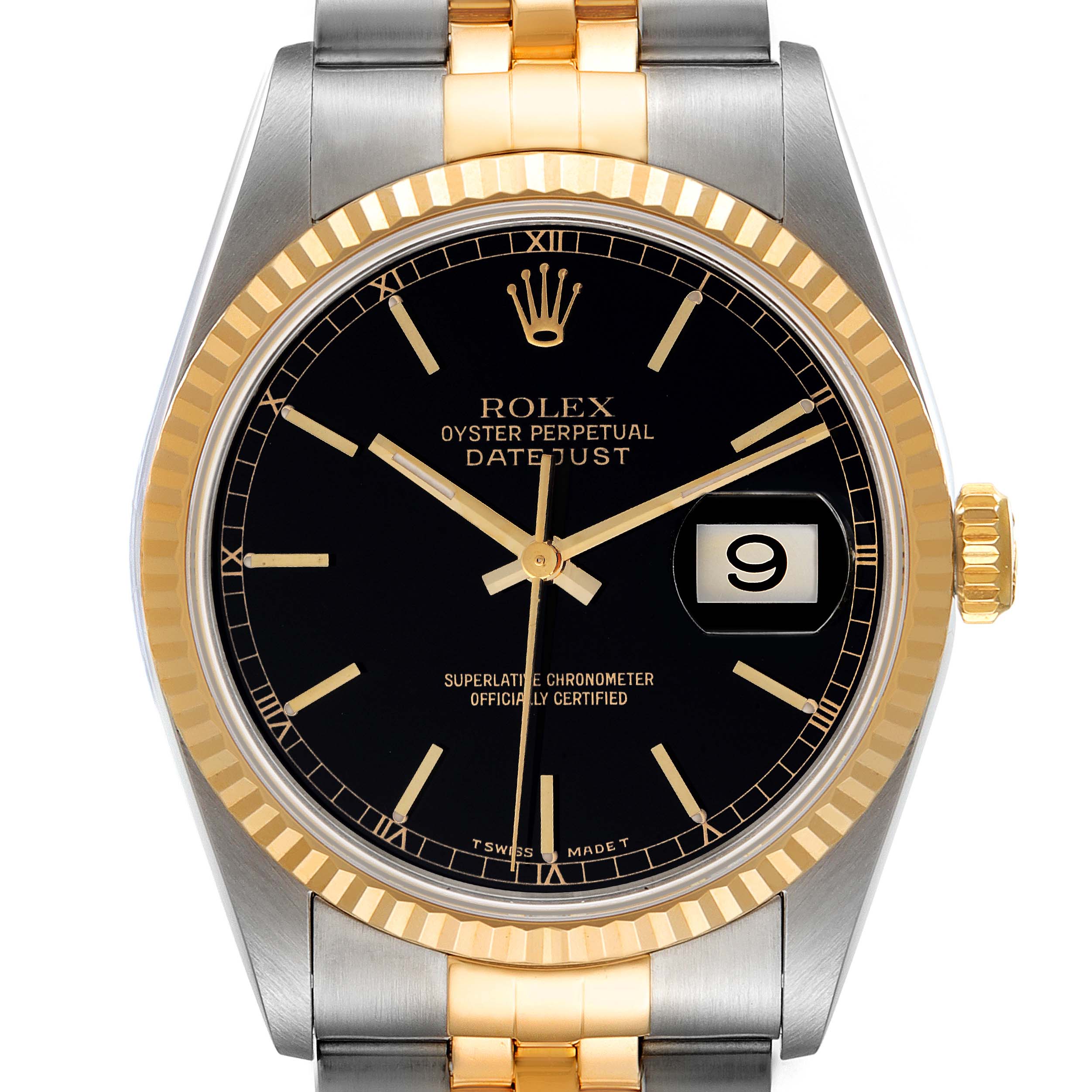 The image shows a front view of the Rolex Datejust 16233 Men's Steel and Gold (two tone) Black Dial 16233 Men's Steel and Gold (two tone) Black Dial watch, highlighting the dial, date window, crown, bezel, and part of the bracelet.