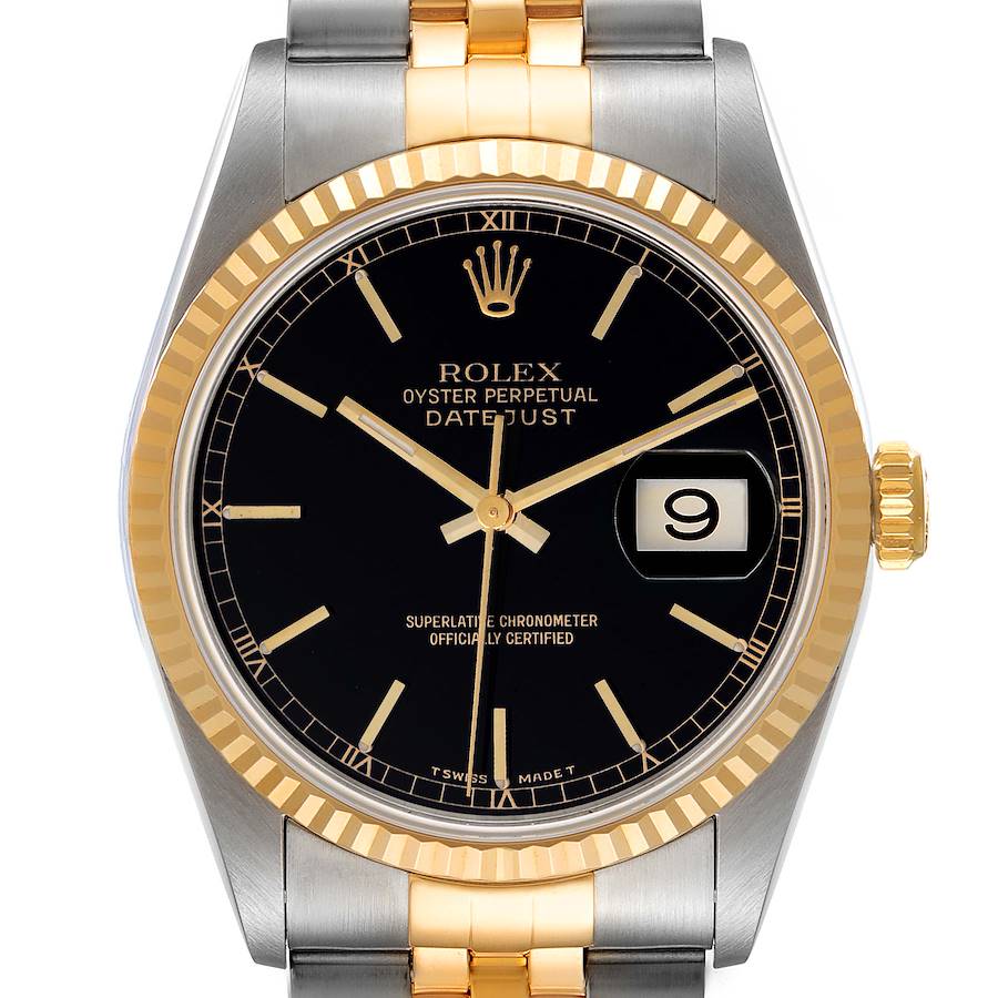 The image shows a front view of the Rolex Datejust watch, highlighting the dial, date window, crown, bezel, and part of the bracelet.