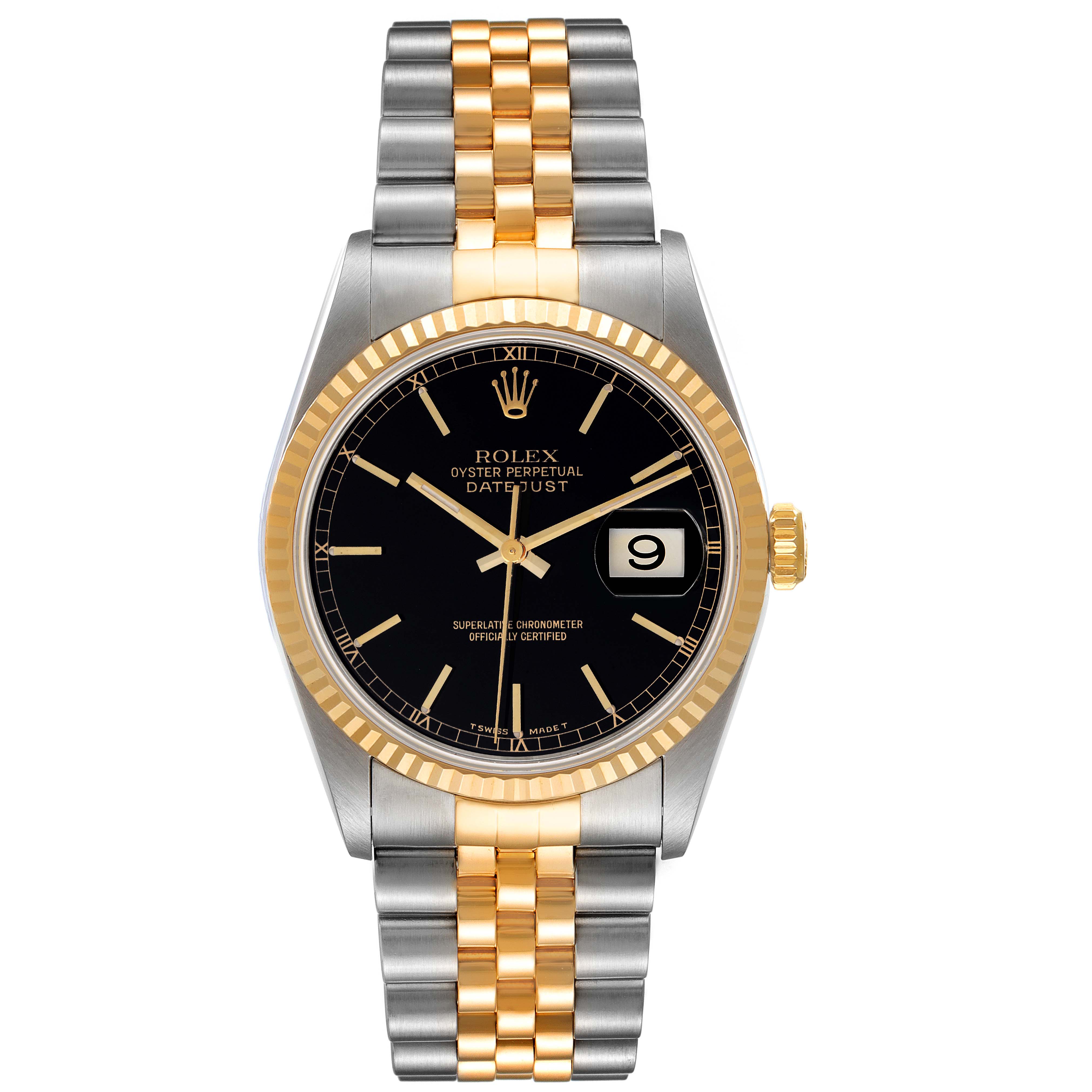 The Rolex Datejust 16233 Men's Steel and Gold (two tone) Black Dial 16233 Men's Steel and Gold (two tone) Black Dial watch is shown from a front view, displaying the face, bezel, crown, and bracelet.