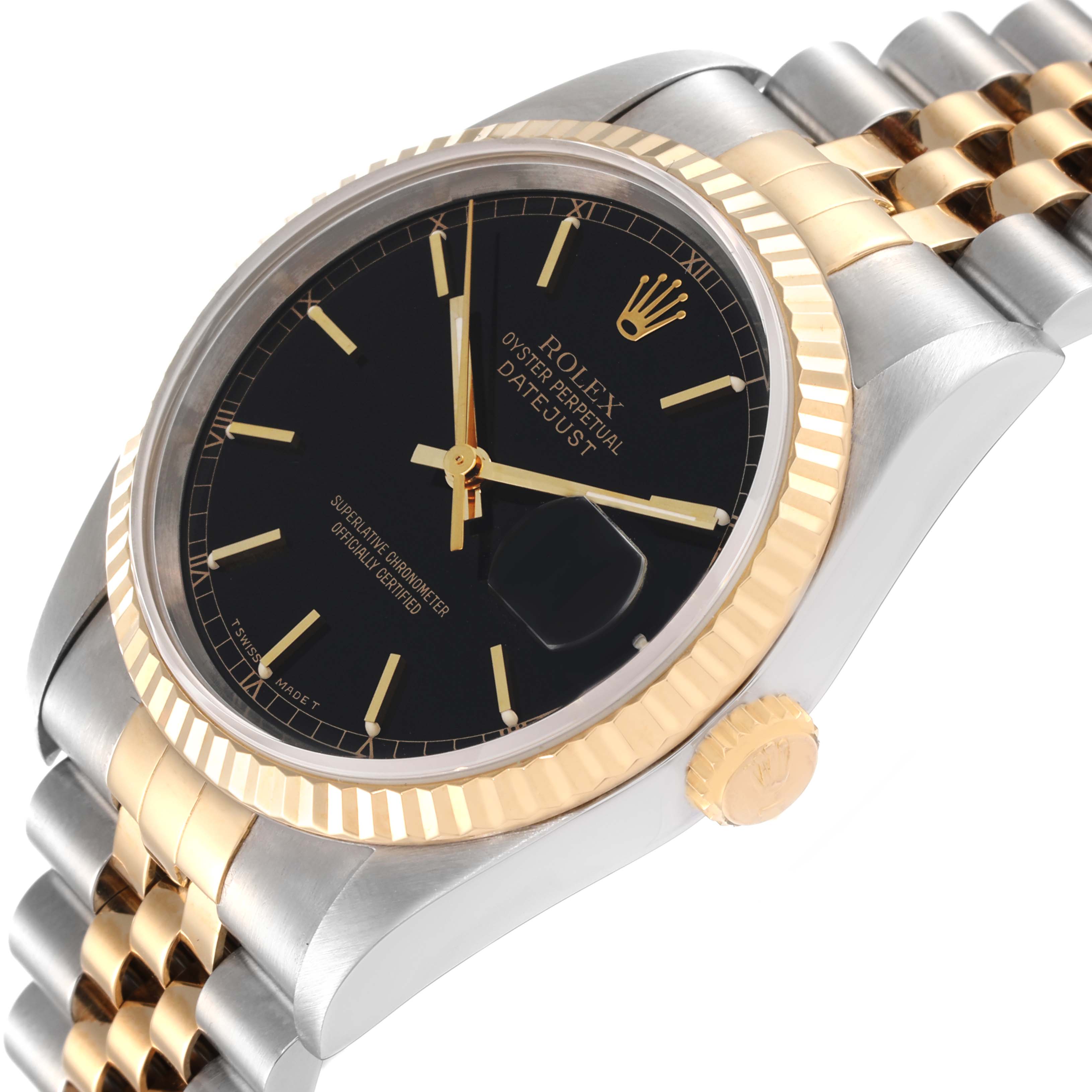 The Rolex Datejust 16233 Men's Steel and Gold (two tone) Black Dial 16233 Men's Steel and Gold (two tone) Black Dial watch is shown at a three-quarter angle, displaying its dial, fluted bezel, and two-tone bracelet.